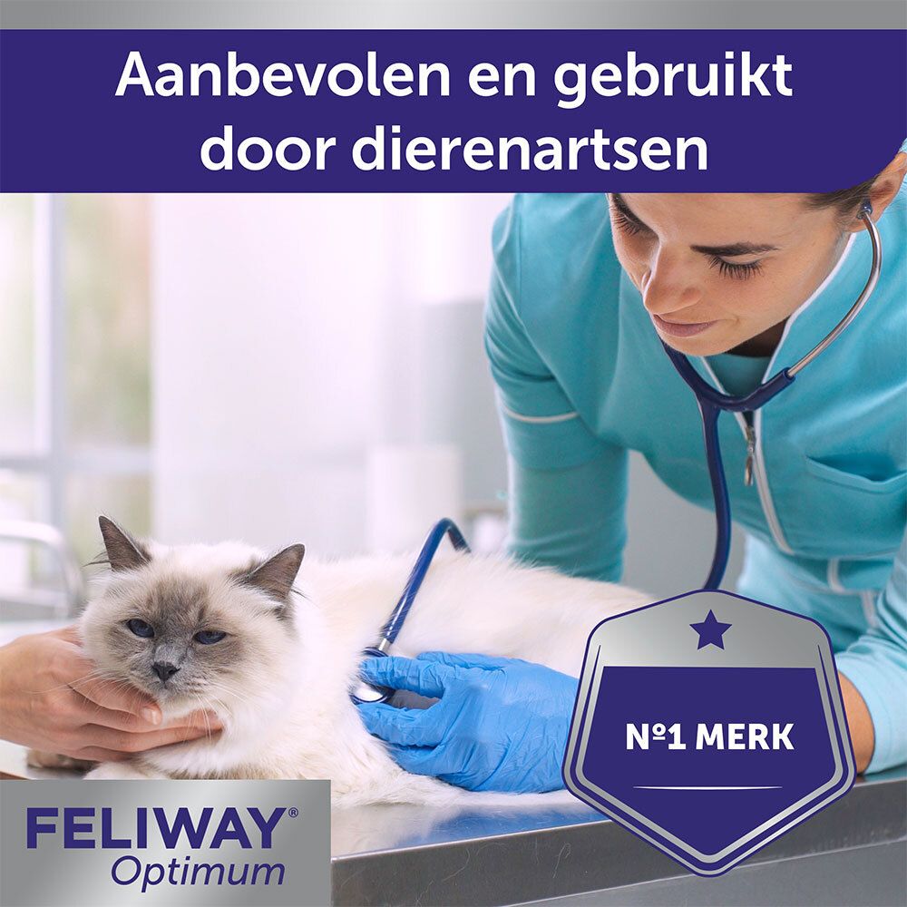 FELIWAY® Optimum. Productafbeeldingen. Tekst: Helpt stress te verminderen. Tekst: FELIWAY® Optimum.