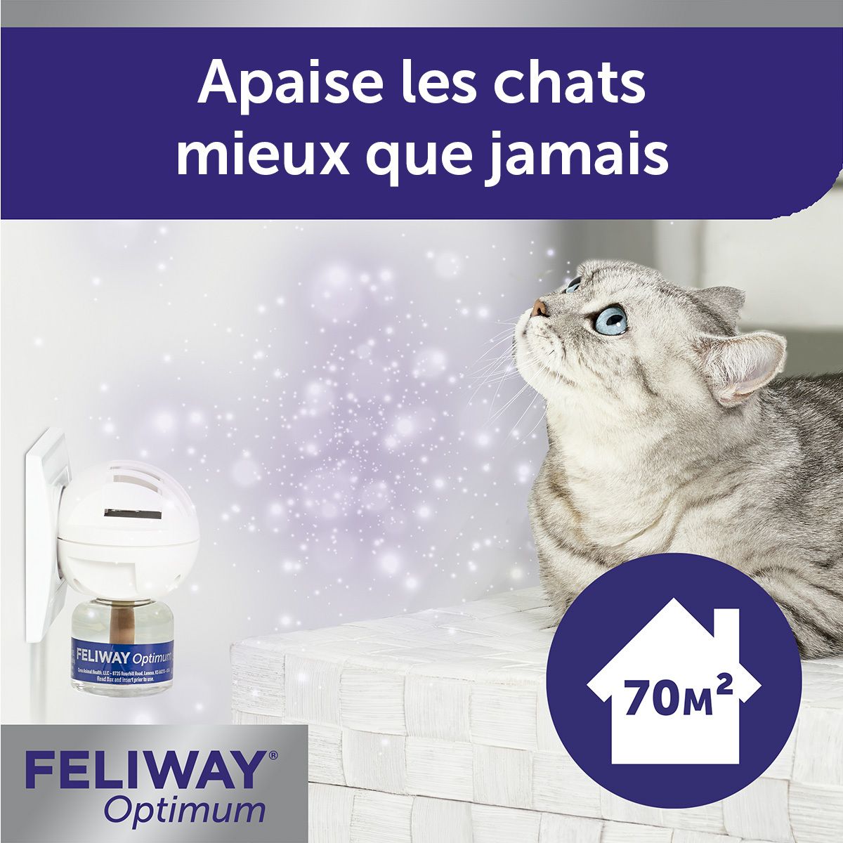 FELIWAY® Optimum. Diffuseur. Texte : Apaise les chats. Texte : FELIWAY® Optimum.