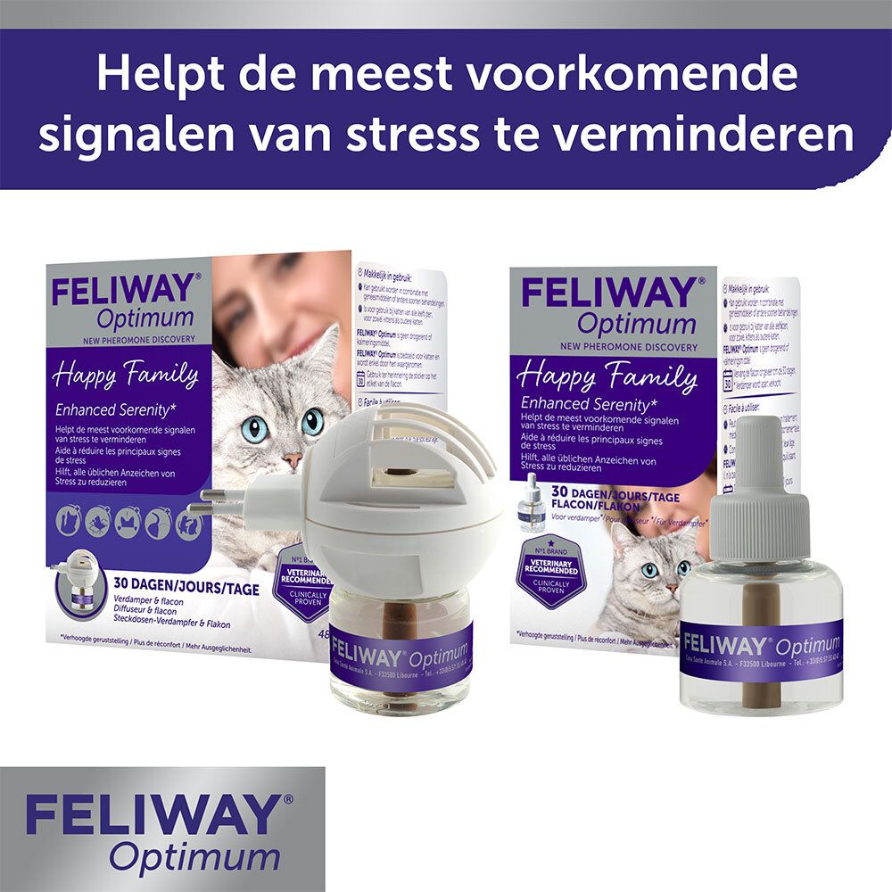 FELIWAY® Optimum. Productafbeeldingen. Stekkerdiffuser en flacon. Tekst: FELIWAY® Optimum.