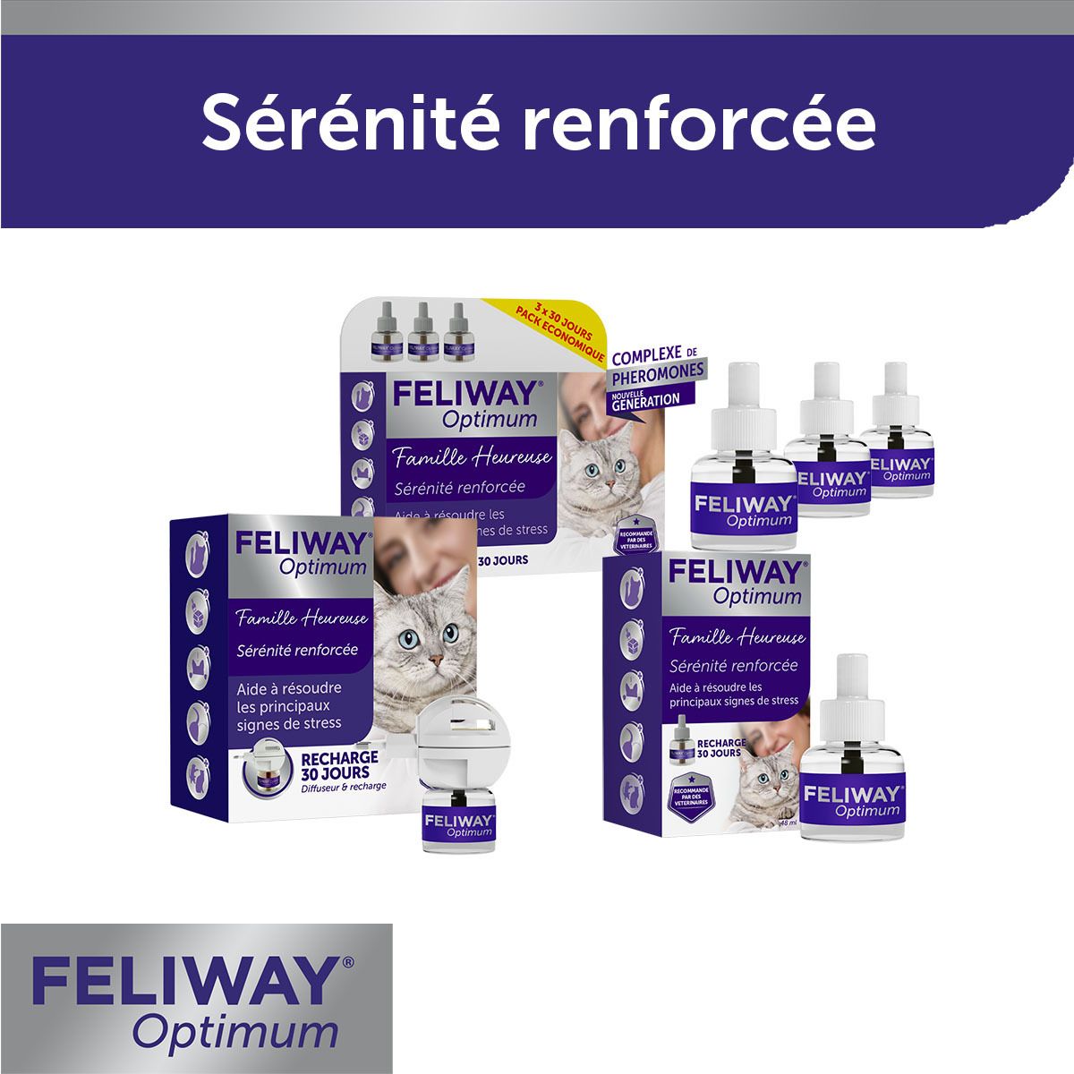 FELIWAY® Optimum. Images des produits. Texte : Sérénité renforcée. Texte : FELIWAY® Optimum.
