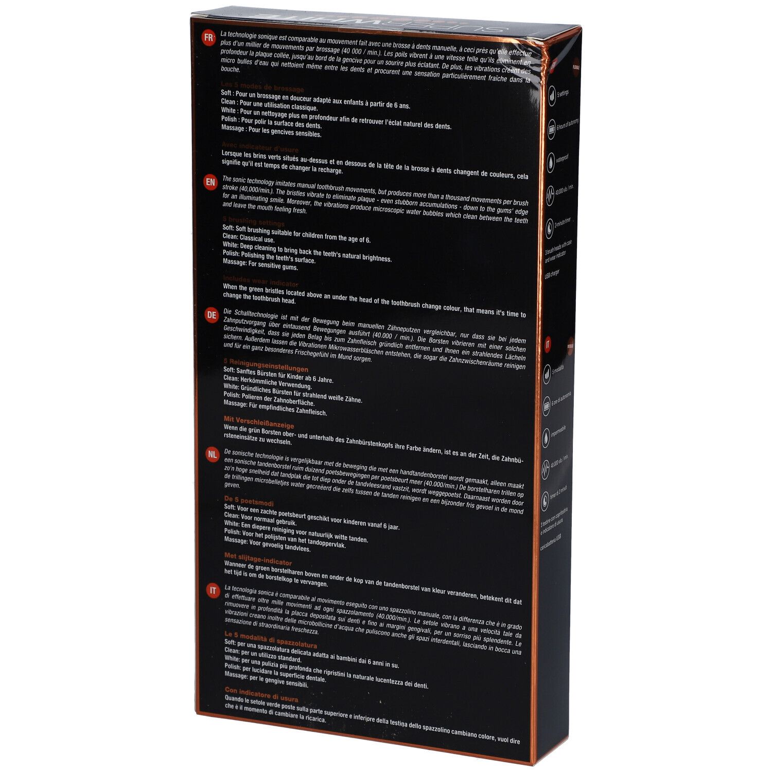 Rückseite der SUPERWHITE Zahnbürstenverpackung. Text in mehreren Sprachen. Informationen zu Funktionen und Gebrauch der Zahnbürste.