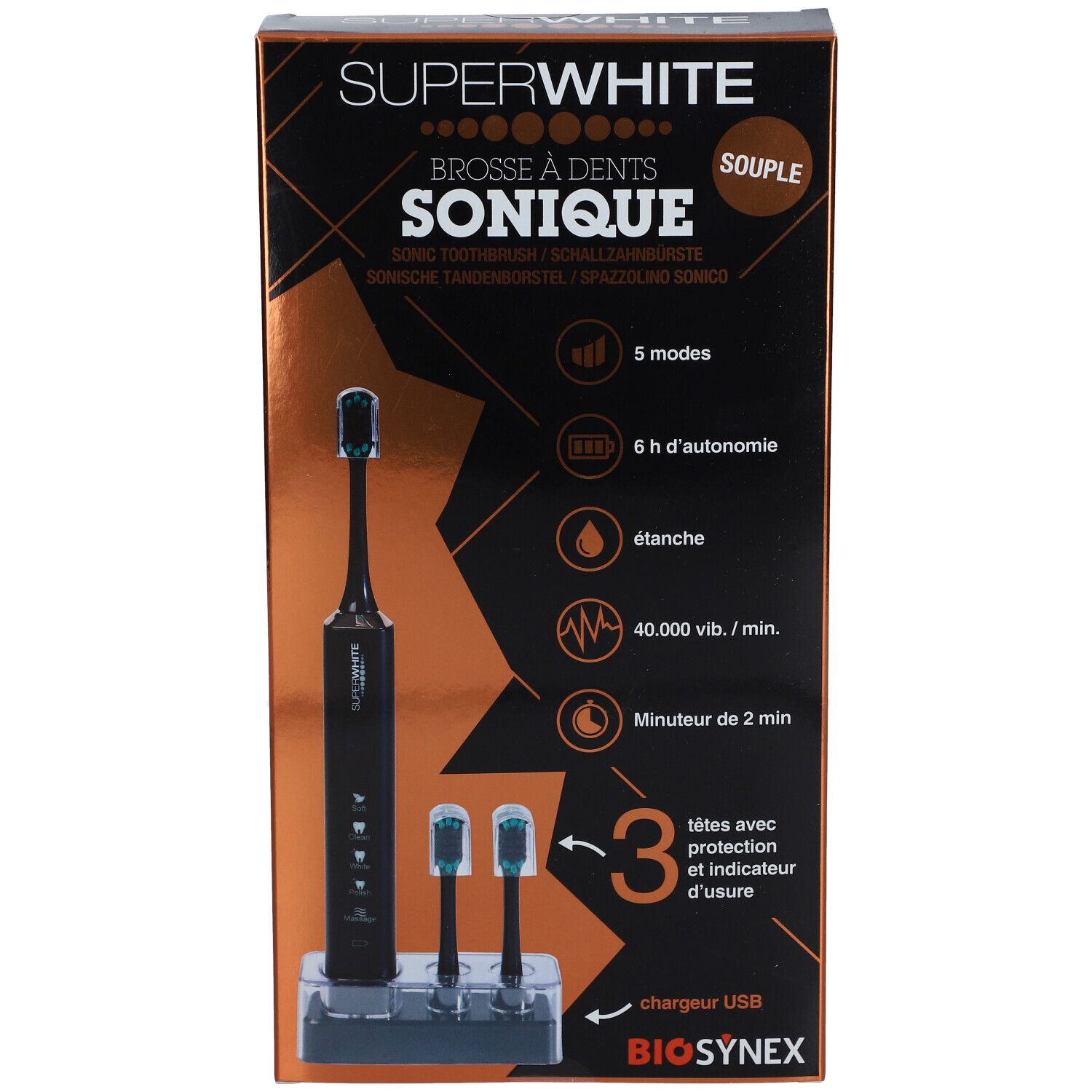 SUPERWHITE Schallzahnbürste in Verpackung. Schwarze Zahnbürste mit Ladestation und 3 Bürstenköpfen. Text: SONIQUE, 5 Modi, 6h Akku.