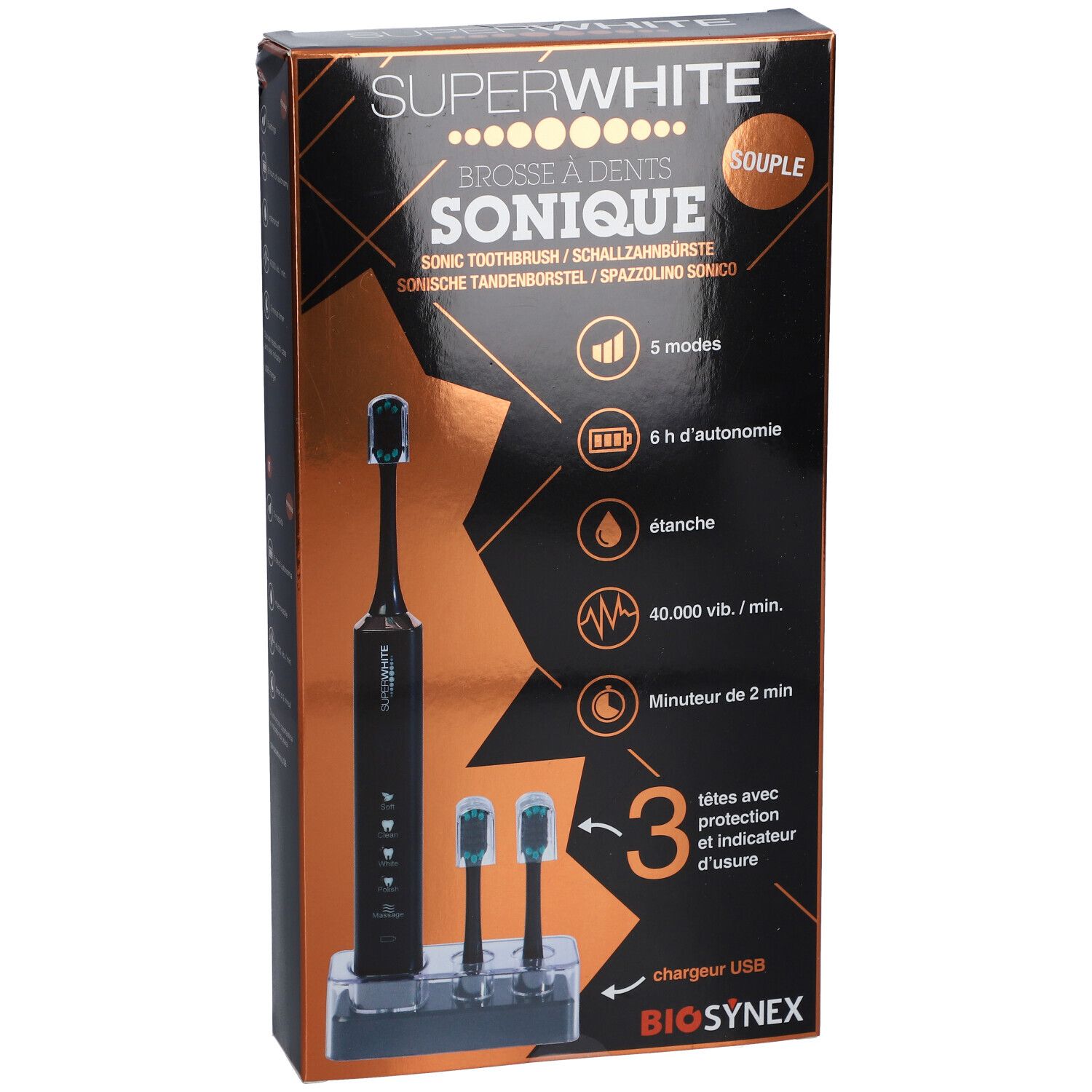 SUPERWHITE Schallzahnbürste in Verpackung. Schwarze Zahnbürste mit Ladestation und 3 Bürstenköpfen. Text: SONIQUE, 5 Modi, 6h Akku.