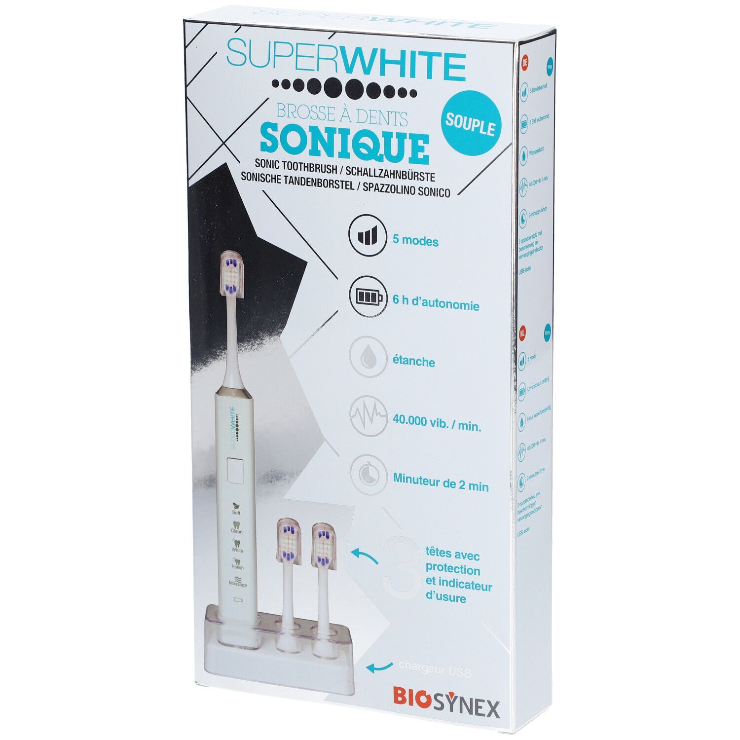 Boîte de brosse à dents sonique SUPERWHITE. Inscription : SONIQUE, 5 modes, 6 h d'autonomie, étanche, 40 000 vib./min, minuterie 2 min.