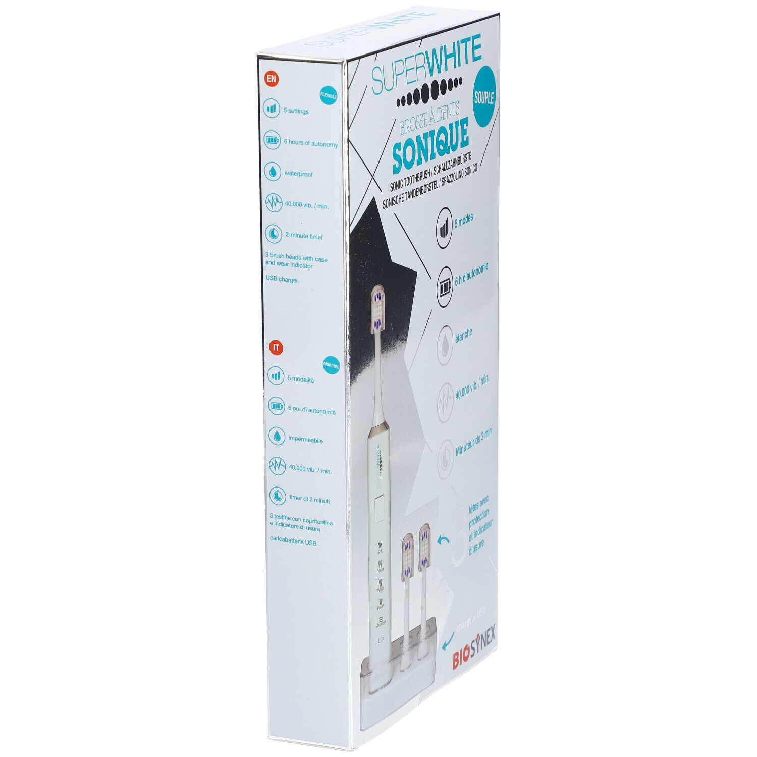 Vue latérale de l'emballage de la brosse à dents sonique SUPERWHITE. Inscription : SONIQUE, 5 modes, 6 h d'autonomie, étanche, 40 000 vib./min, minuterie 2 min.