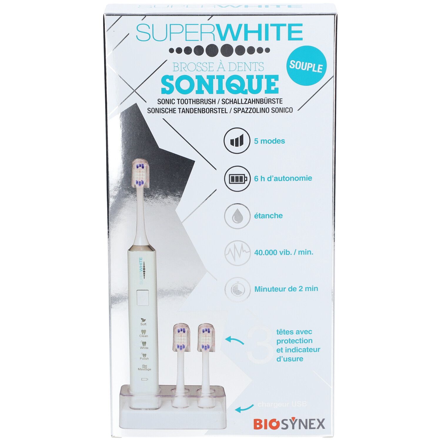 Boîte de brosse à dents sonique SUPERWHITE. Inscription : SONIQUE, 5 modes, 6 h d'autonomie, étanche, 40 000 vib./min, minuterie 2 min. Brosse et 2 têtes.