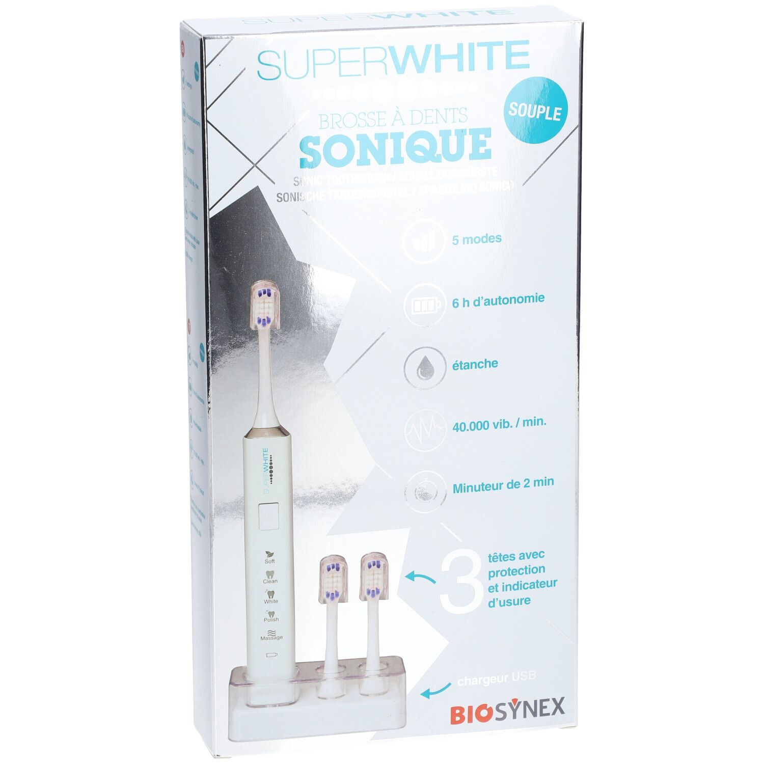 Boîte de brosse à dents sonique SUPERWHITE. Inscription : SONIQUE, 5 modes, 6 h d'autonomie, étanche, 40 000 vib./min, minuterie 2 min. Brosse et 3 têtes.