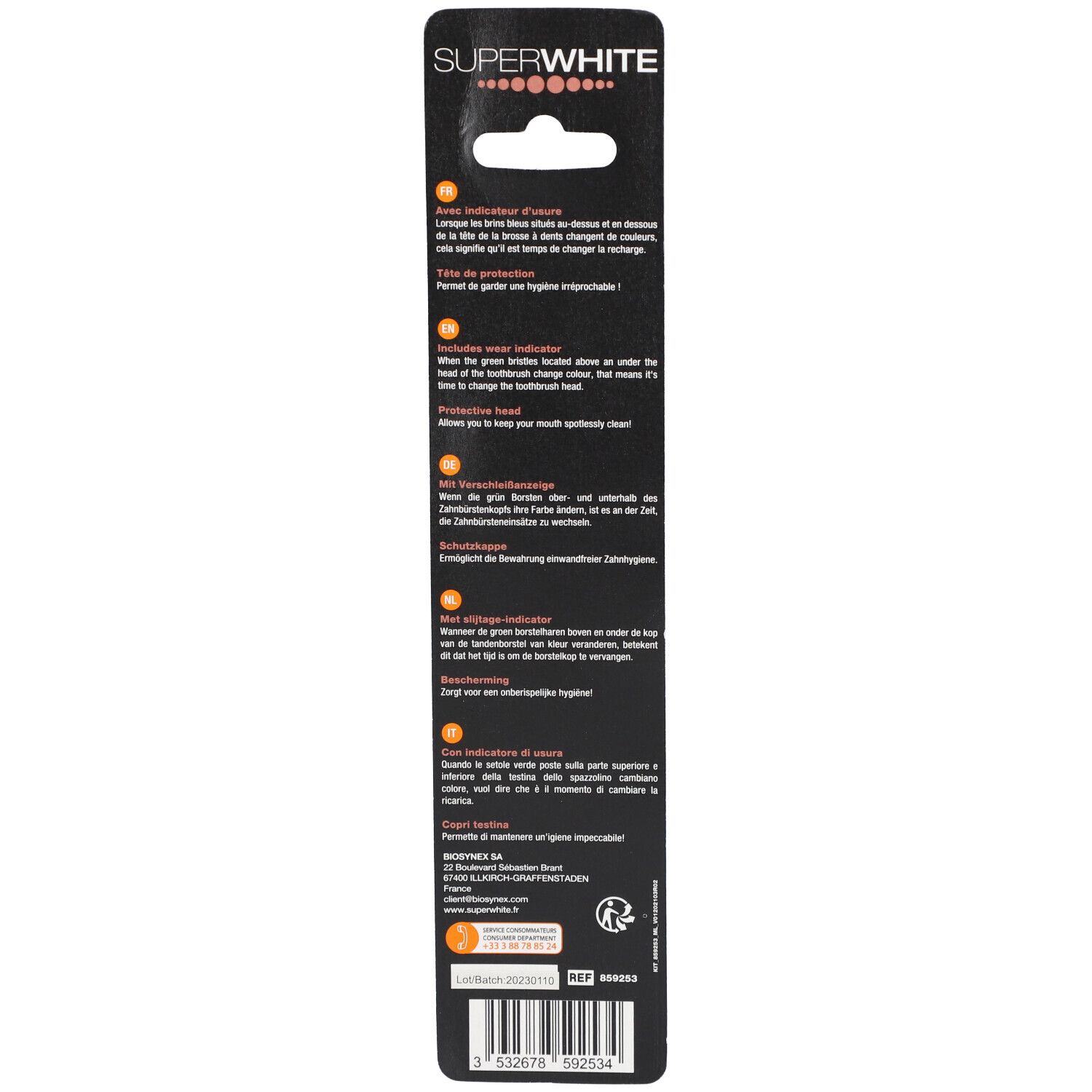 Rückseite der Blisterverpackung mit Text und Piktogrammen. Enthält Informationen zur Verwendung und zum Austausch der Bürstenköpfe.
