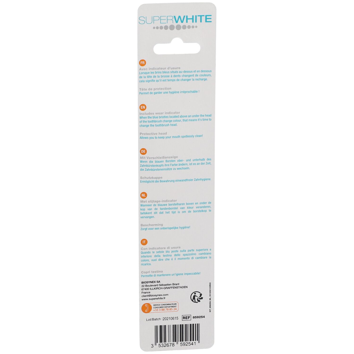 Rückseite der Verpackung mit Text in mehreren Sprachen. Informationen zur Verwendung und Hersteller.