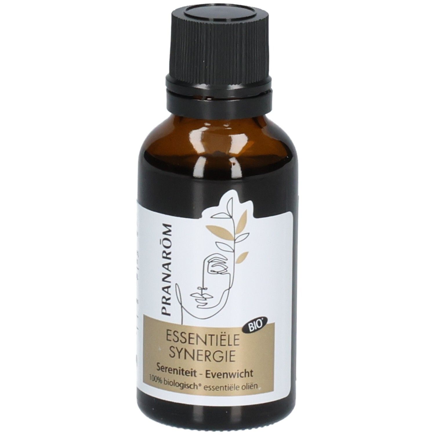 Braune Glasflasche mit schwarzem Deckel, Etikett mit Gesichtsgrafik und "Essentielle Synergie" Aufschrift.