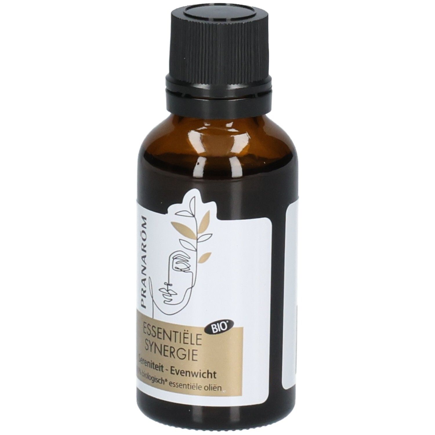 Braune Glasflasche mit schwarzem Deckel, Etikett mit Gesichtsgrafik und "Essentielle Synergie" Aufschrift.