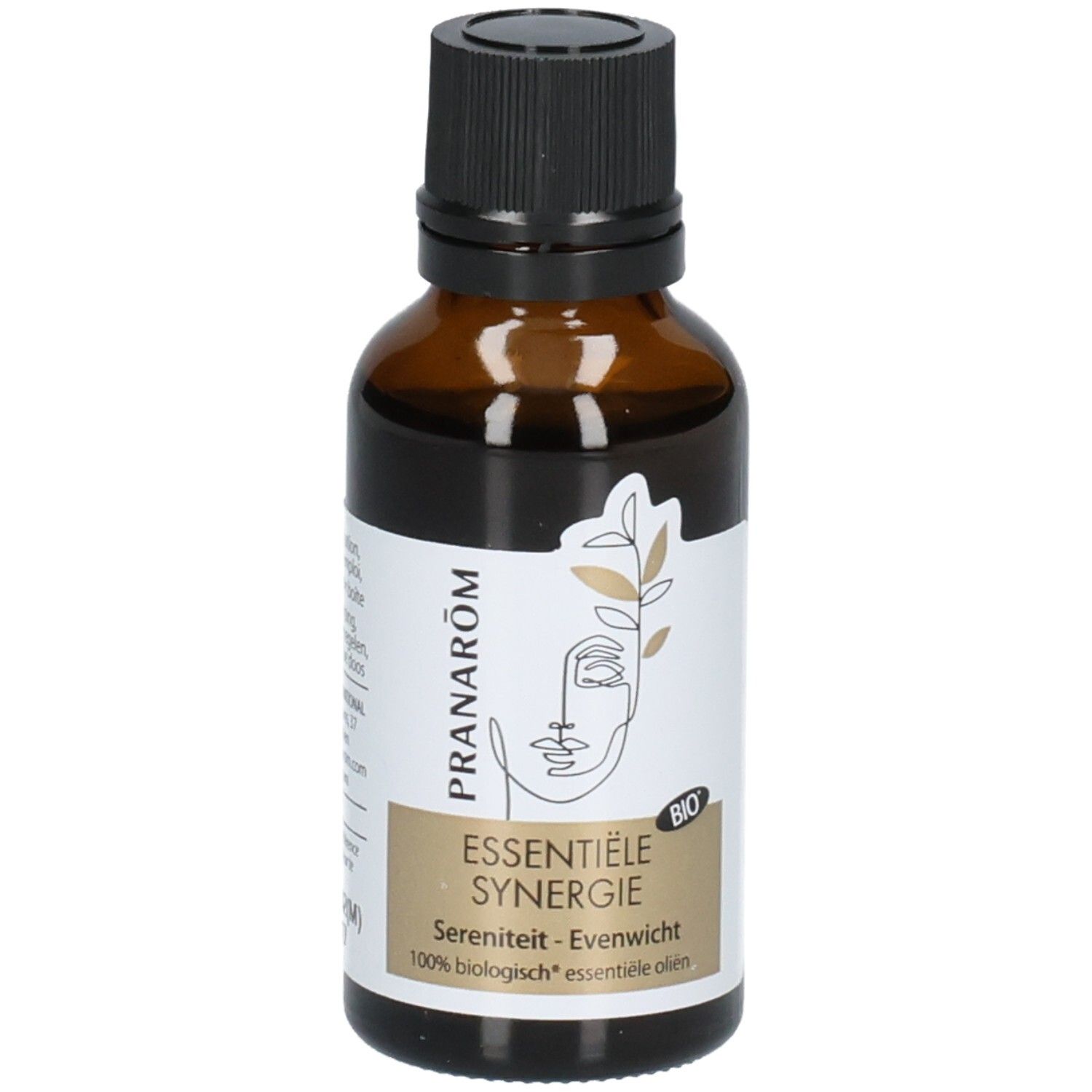 Braune Glasflasche mit schwarzem Deckel, Etikett mit Gesichtsgrafik und "Essentielle Synergie" Aufschrift.