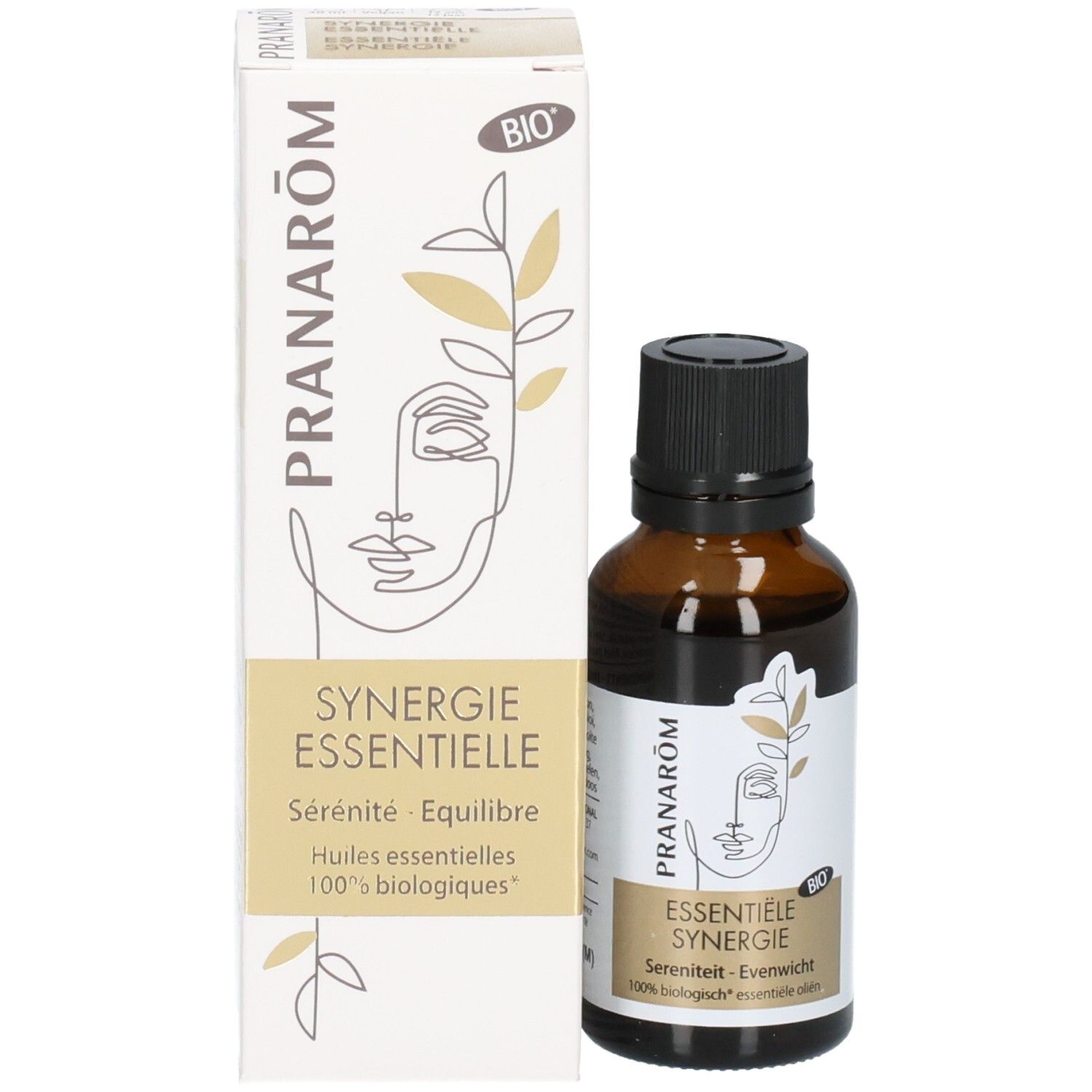 Verpackung und Flasche des Produkts "Synergie Essentielle", beide mit Gesichtsgrafik und Bio-Siegel.