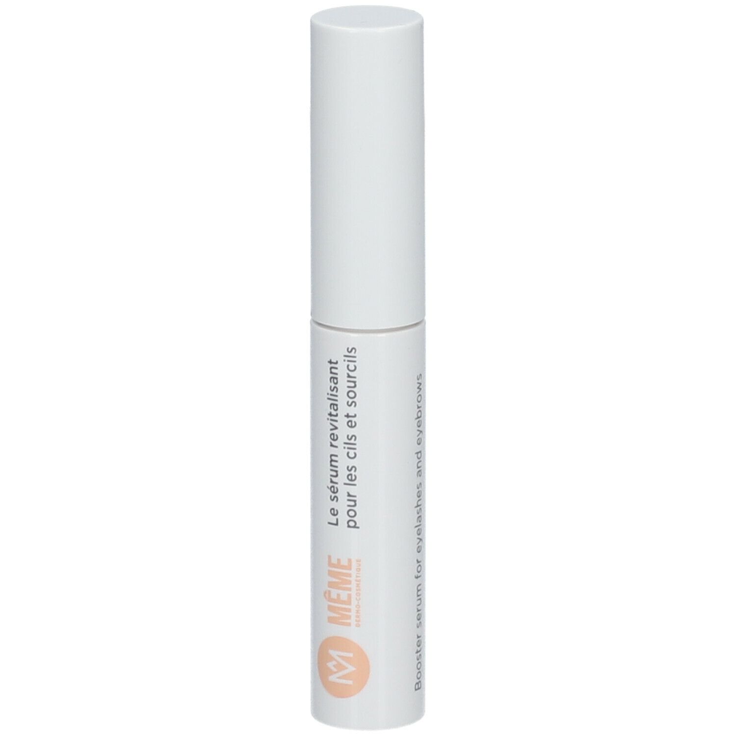 Tube blanc avec texte: Le sérum revitalisant pour les cils et sourcils. Logo MÊME.