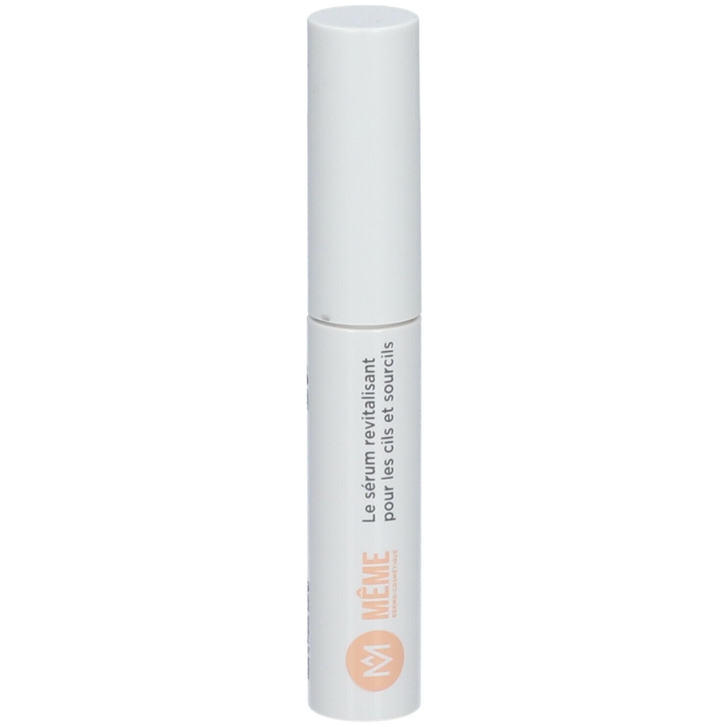Tube blanc avec texte: Le sérum revitalisant pour les cils et sourcils. Logo MÊME.