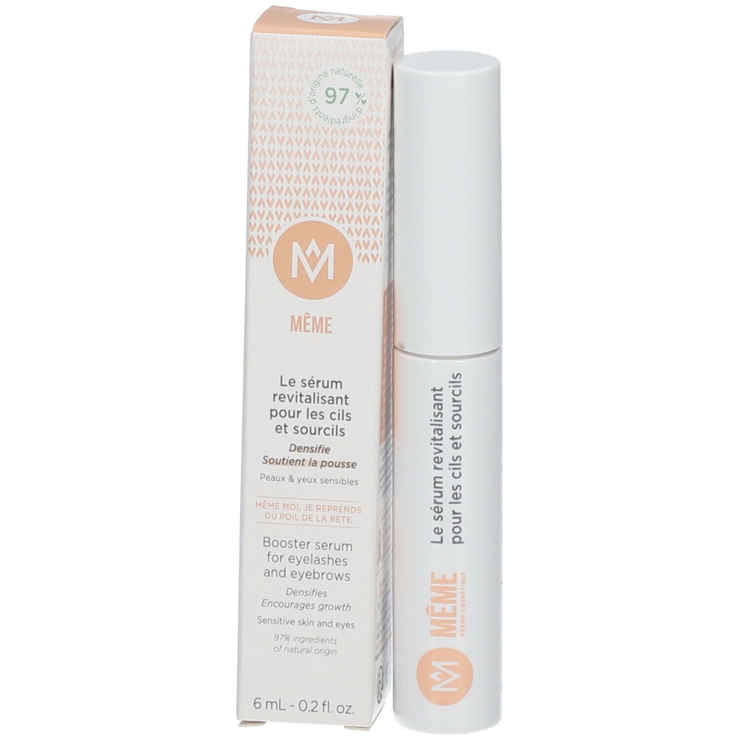 Emballage avec texte: Le sérum revitalisant pour les cils et sourcils. Logo MÊME.