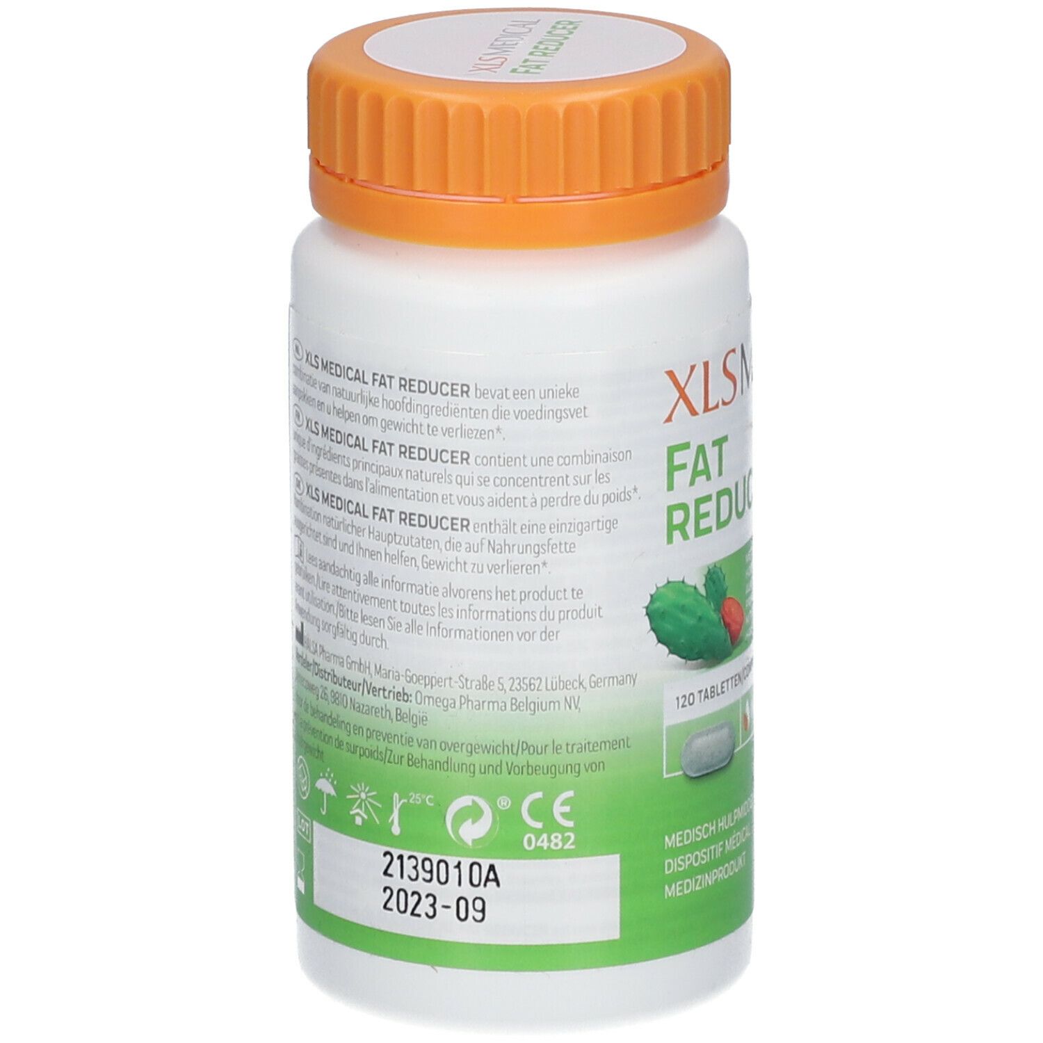 Witte fles met oranje dop. Opschrift: XL-S Medical Fat Reducer. 120 tabletten. Medisch hulpmiddel.
