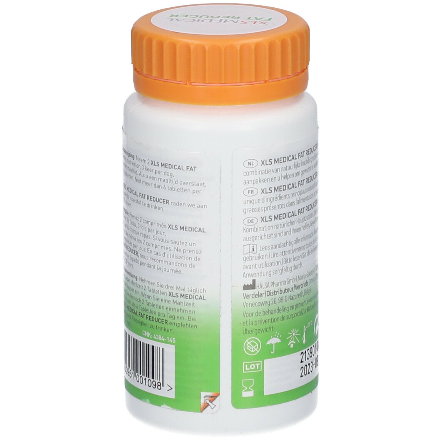 Witte fles met oranje dop. Opschrift: XL-S Medical Fat Reducer. Productinformatie in meerdere talen.