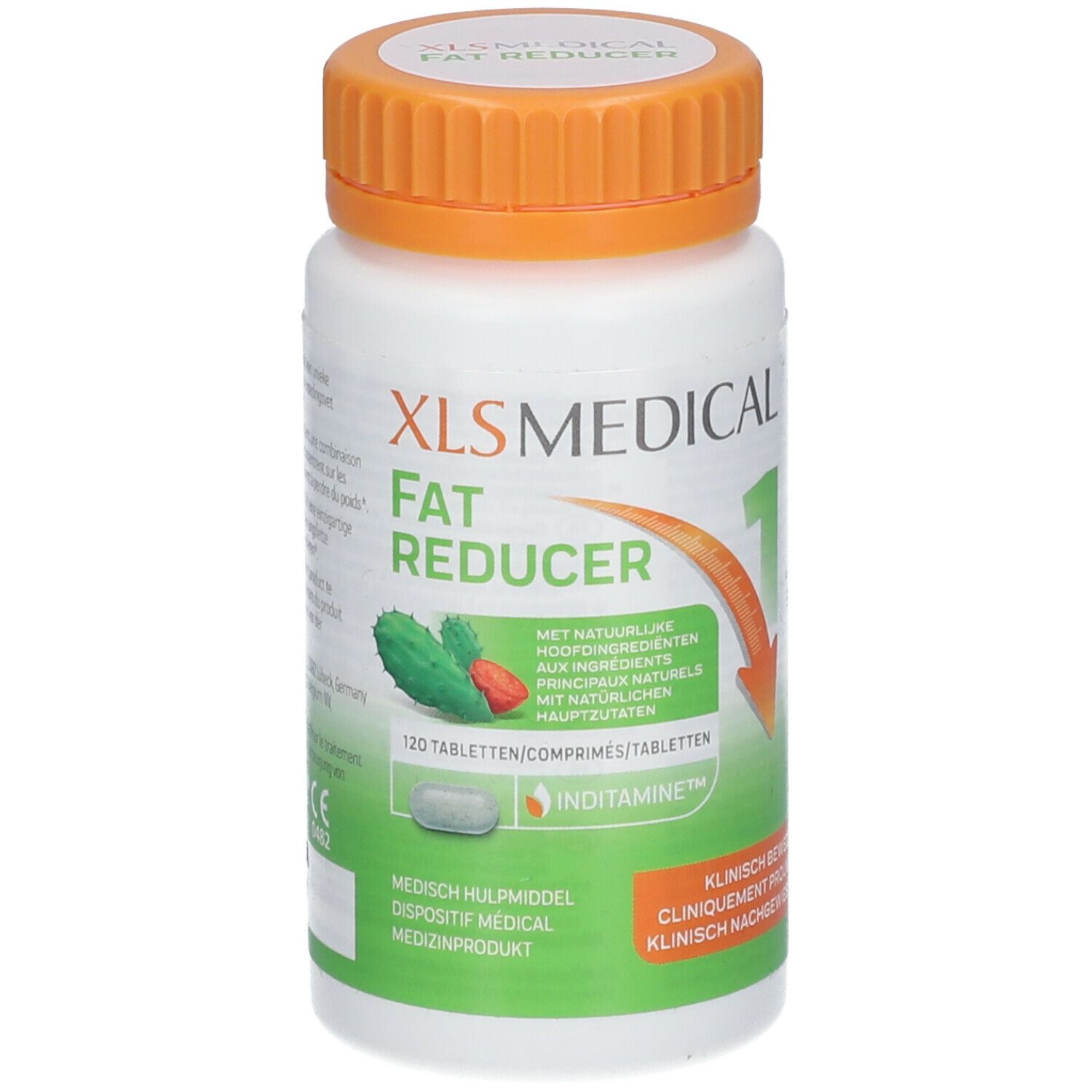 Witte fles met oranje dop. Opschrift: XL-S Medical Fat Reducer. 120 tabletten. Met natuurlijke ingrediënten.