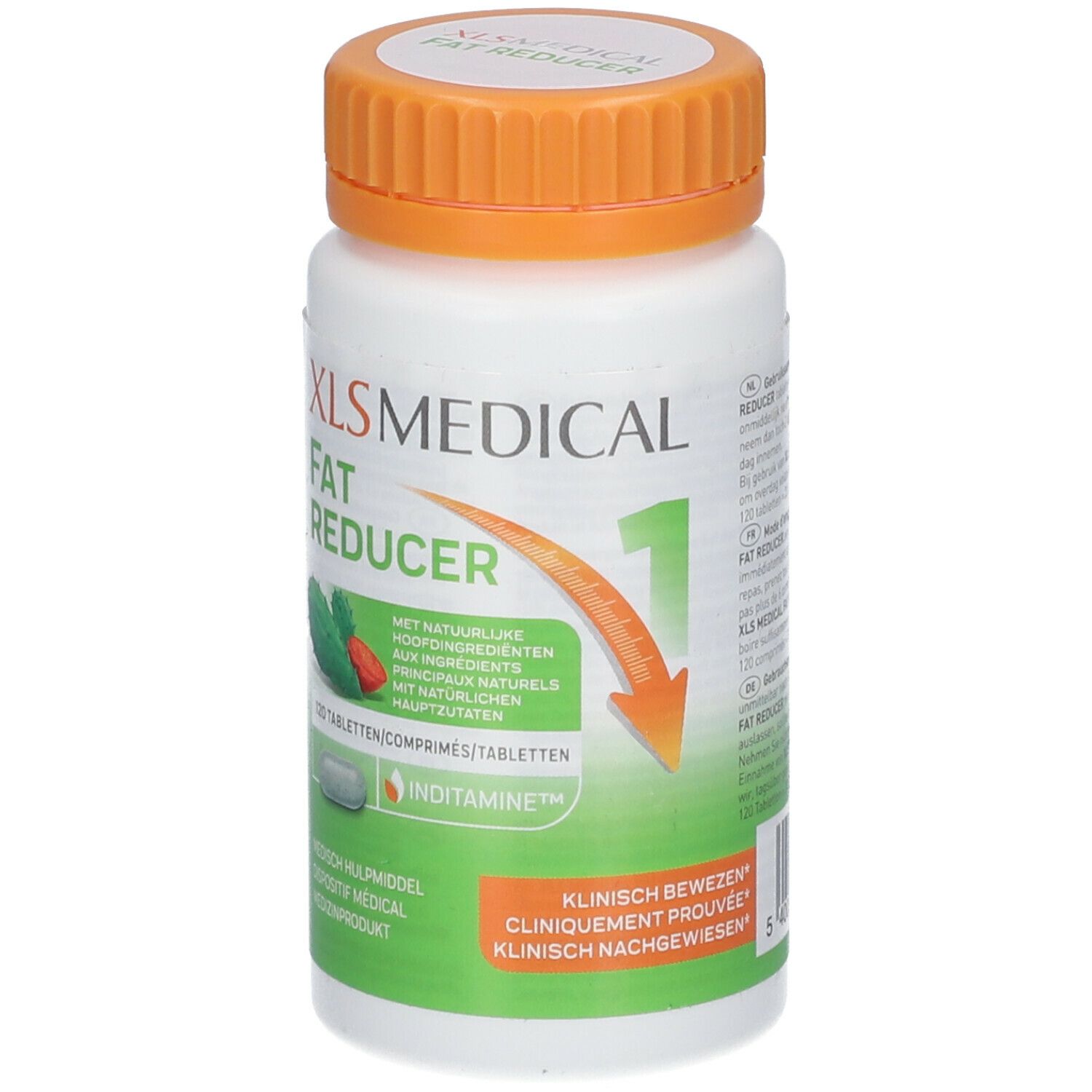 Witte fles met oranje dop. Opschrift: XL-S Medical Fat Reducer. 120 tabletten. Klinisch bewezen.