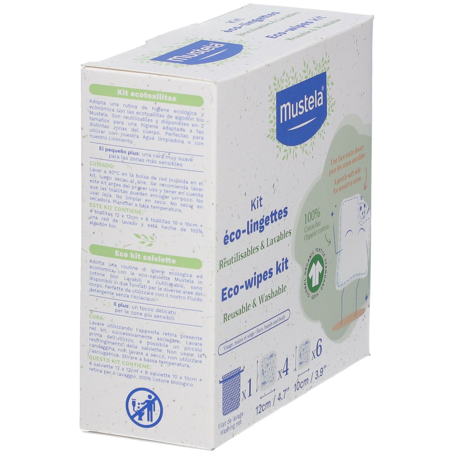 Mustela® Kit-Verpackung. Enthält Informationen zu den Bio-Baumwoll Reinigungstüchern. Enthält 1 Waschbeutel, 4 Tücher (12cm), 6 Tücher (10cm).