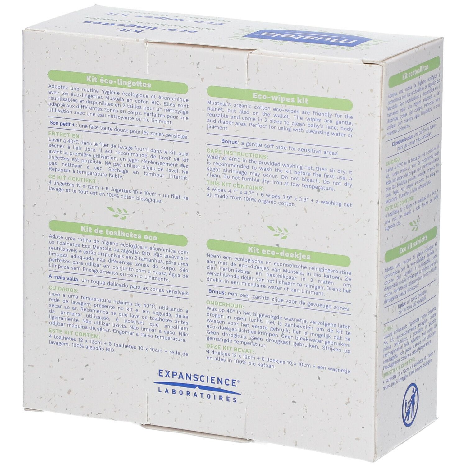 Rückseite der Mustela® Bio-Baumwoll Reinigungstücher Kit-Verpackung. Textinformationen in mehreren Sprachen. Enthält 1 Waschbeutel, Tücher.
