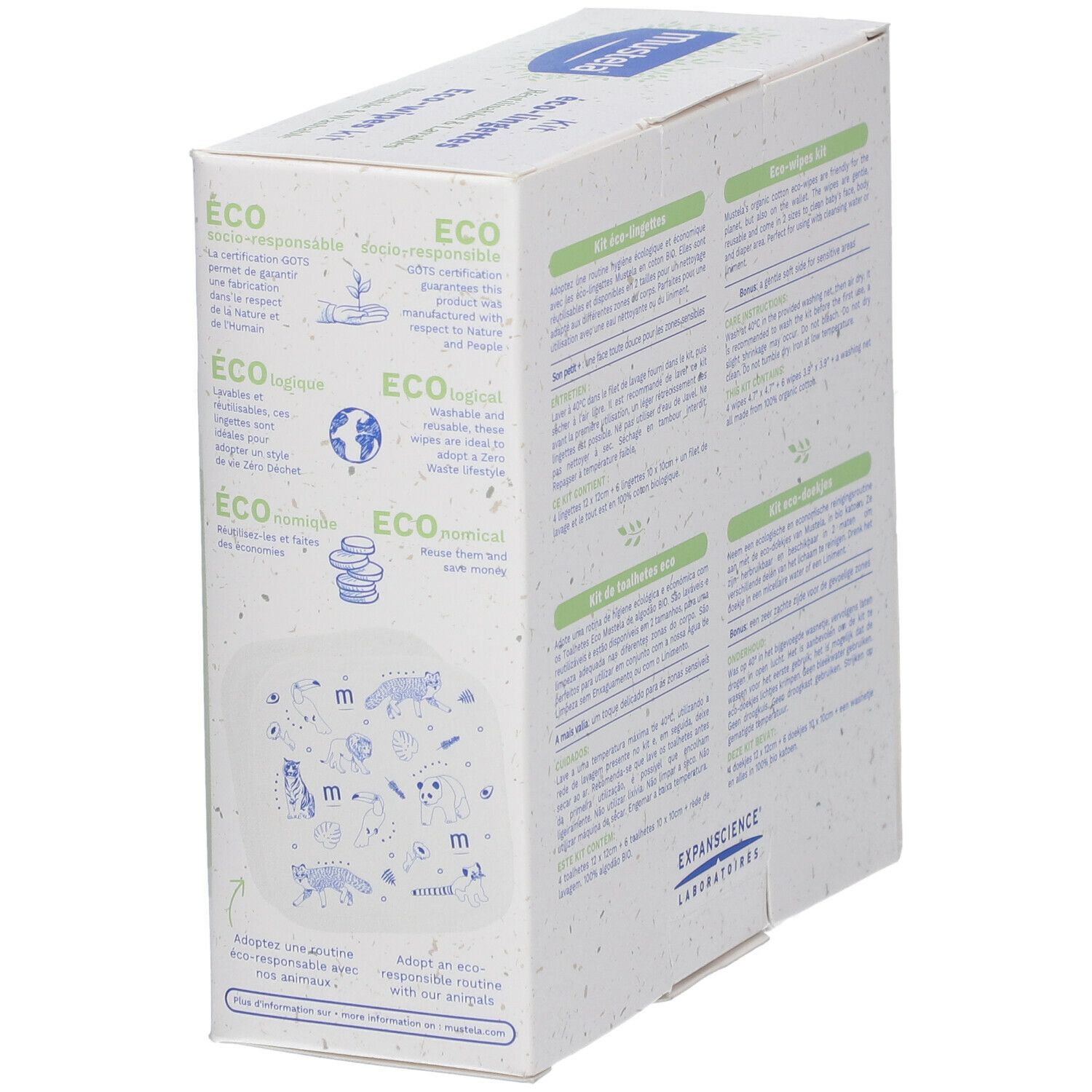 Seite der Mustela® Bio-Baumwoll Reinigungstücher Kit-Verpackung. Text und Logos. Enthält 1 Waschbeutel, Tücher.