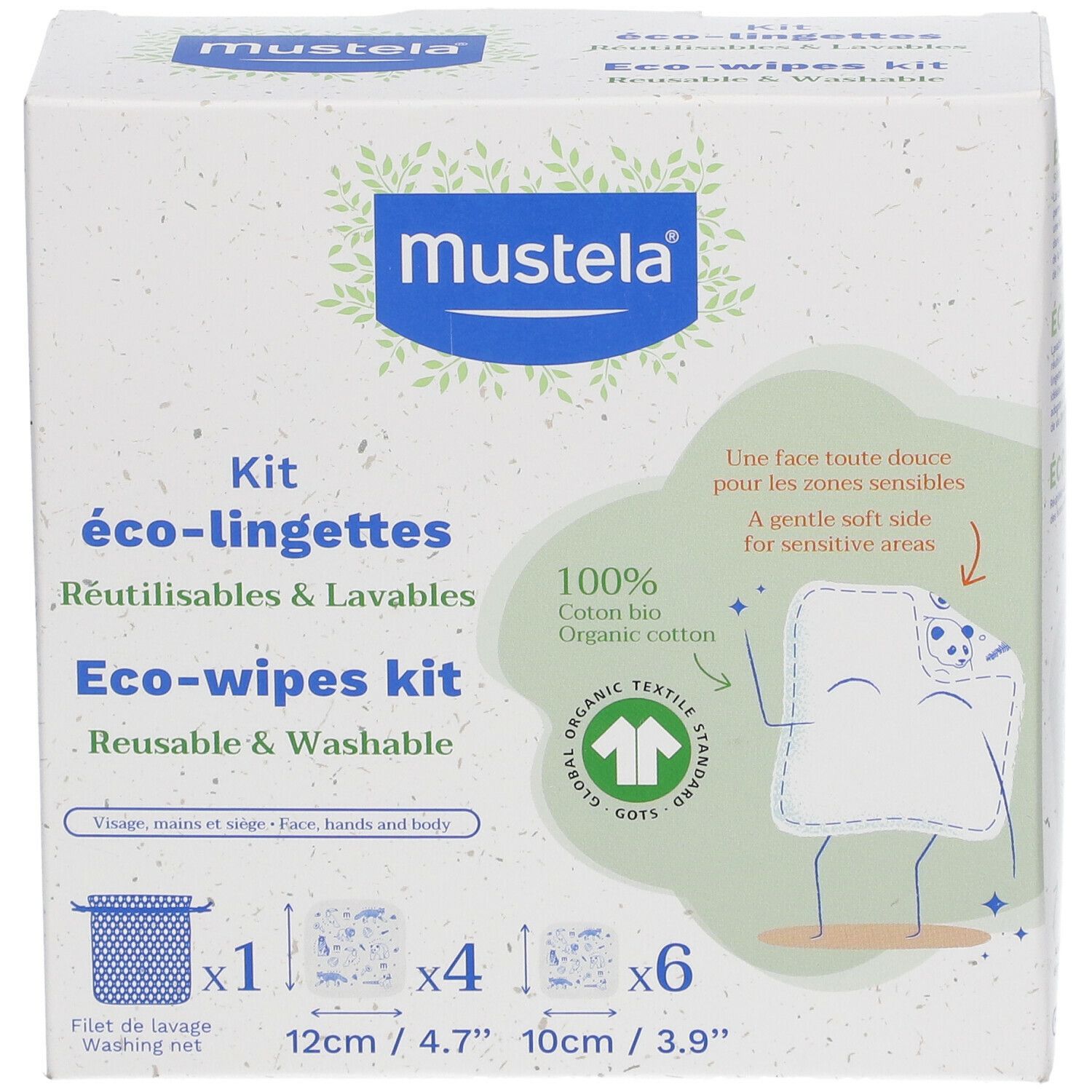 Mustela® Bio-Baumwoll Reinigungstücher Kit. Enthält 1 Waschbeutel, 4 Tücher (12cm), 6 Tücher (10cm). Verpackung mit Produktinformationen.
