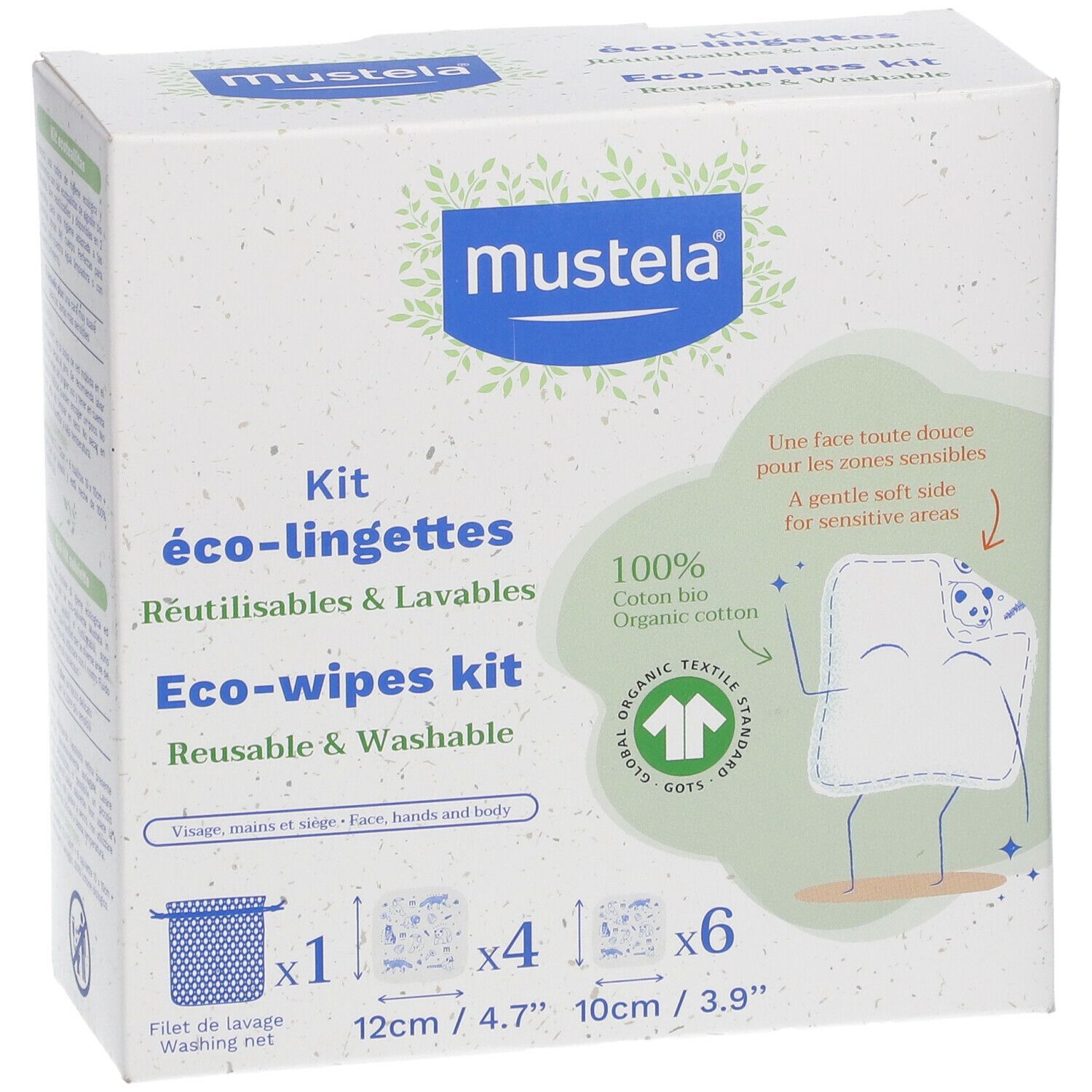 Mustela® Bio-Baumwoll Reinigungstücher Kit. Enthält 1 Waschbeutel, 4 Tücher (12cm), 6 Tücher (10cm). Verpackung mit Produktinformationen.