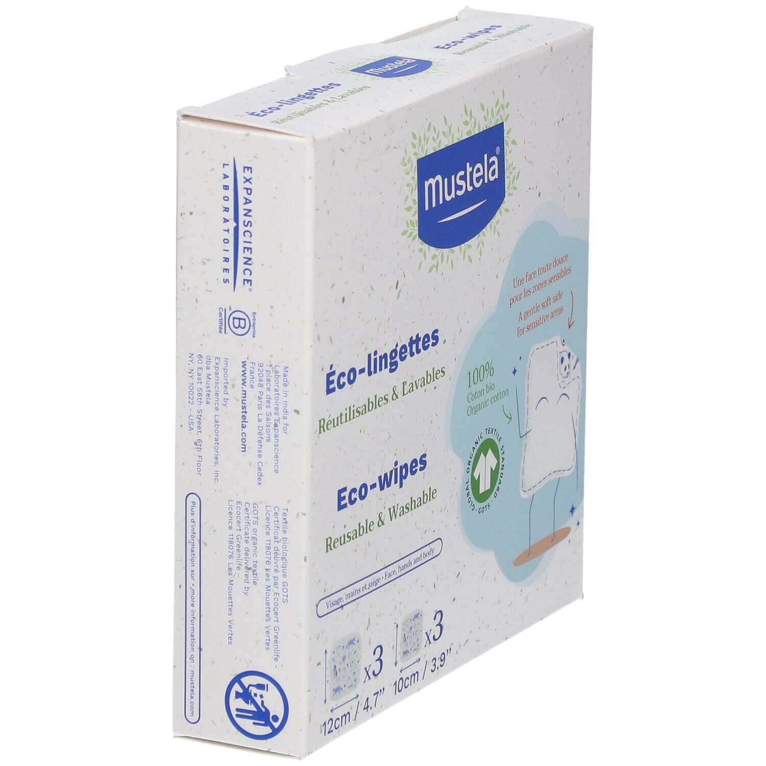 Boîte Mustela® Eco-lingettes. Réutilisables et lavables. 3 lingettes, 12cm x 4.7", 10cm x 3.9".