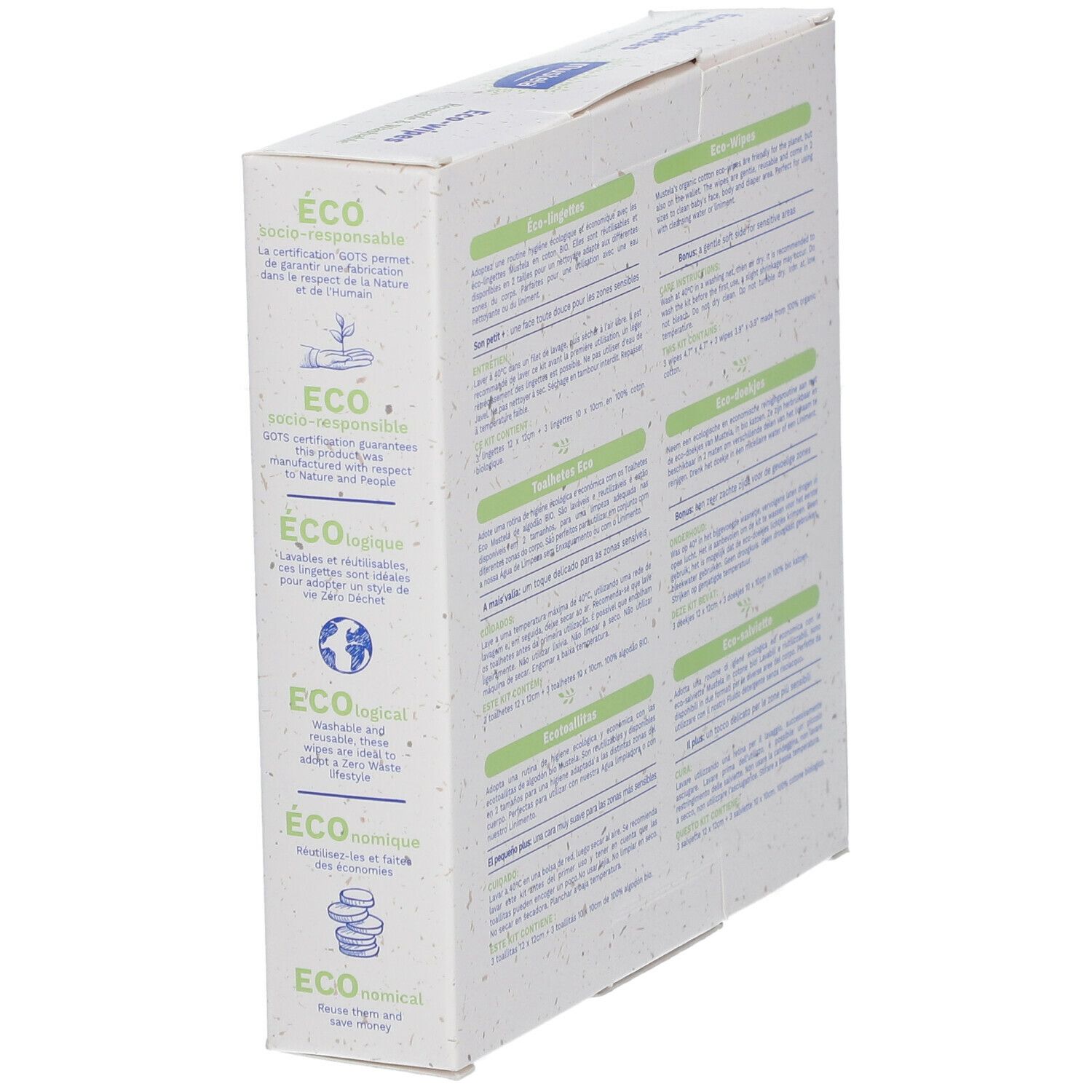 Boîte Mustela® Eco-lingettes. Informations et logos. Certification écologique. Textes en allemand, français, italien et néerlandais.