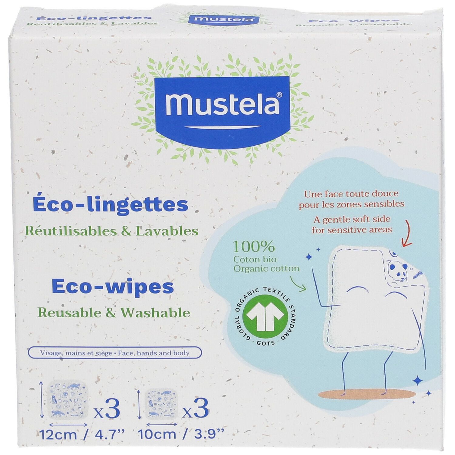 Boîte Mustela® Eco-lingettes. Réutilisables et lavables. 3 lingettes, 12cm x 4.7", 10cm x 3.9". 100% coton bio.