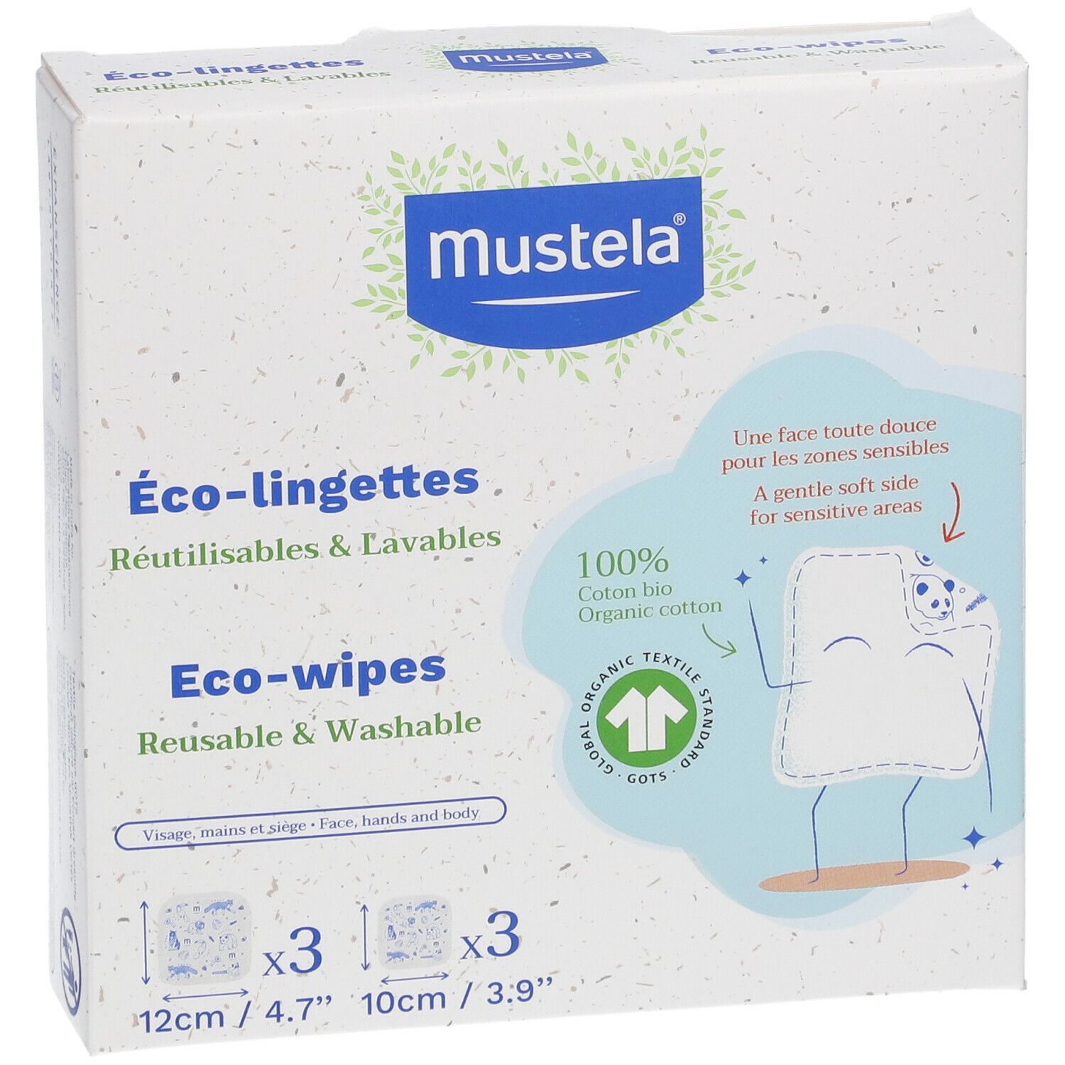 Boîte Mustela® Eco-lingettes. Réutilisables et lavables. 3 lingettes, 12cm x 4.7", 10cm x 3.9". 100% coton bio.