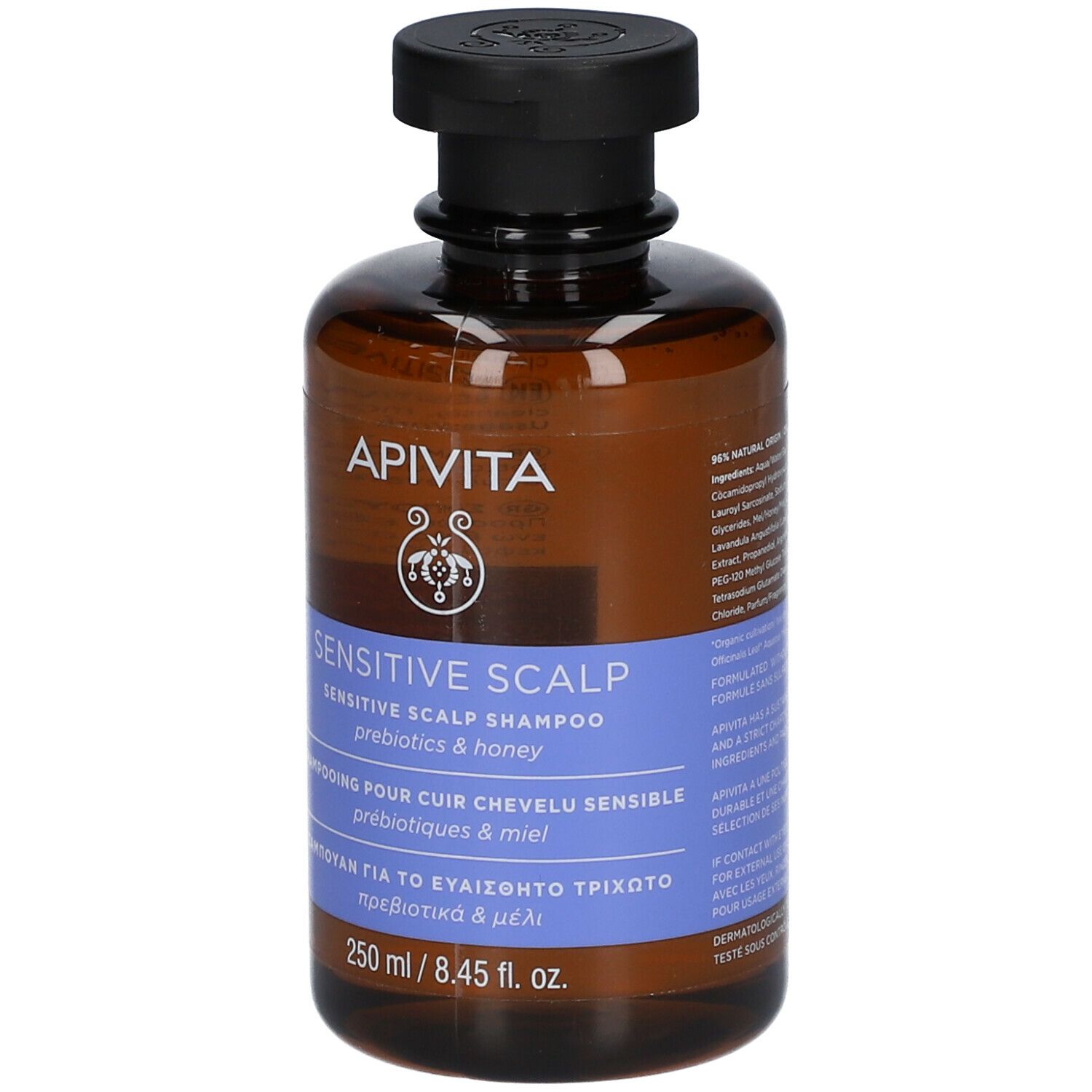 Braune Flasche mit schwarzem Deckel. Aufschrift: APIVITA, Sensitive Scalp Shampoo, 250 ml.