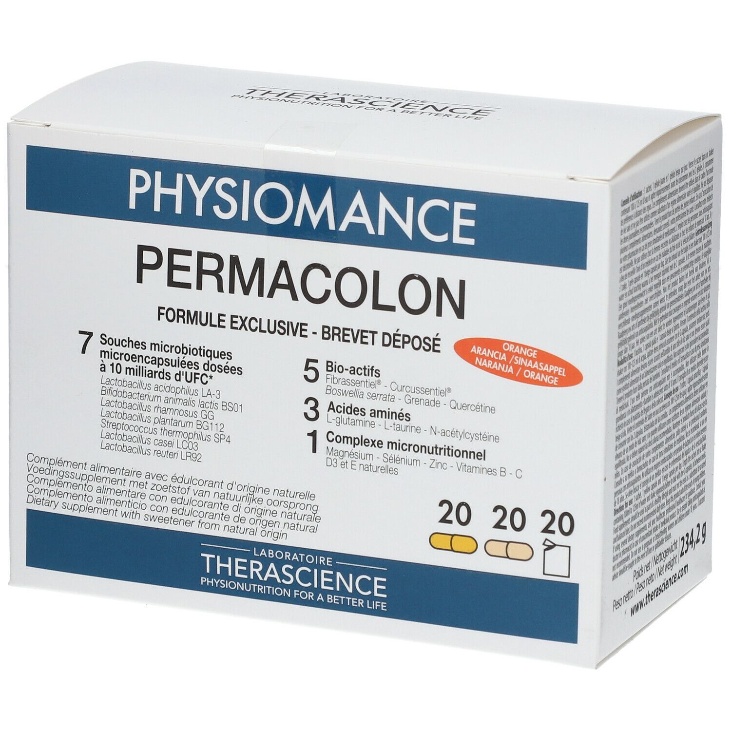 Witte doos met opschrift PHYSIOMANCE PERMACOLON. Bevat 7 bacteriestammen, 5 bio-actieve stoffen, 3 aminozuren en 1 micronutriëntencomplex.