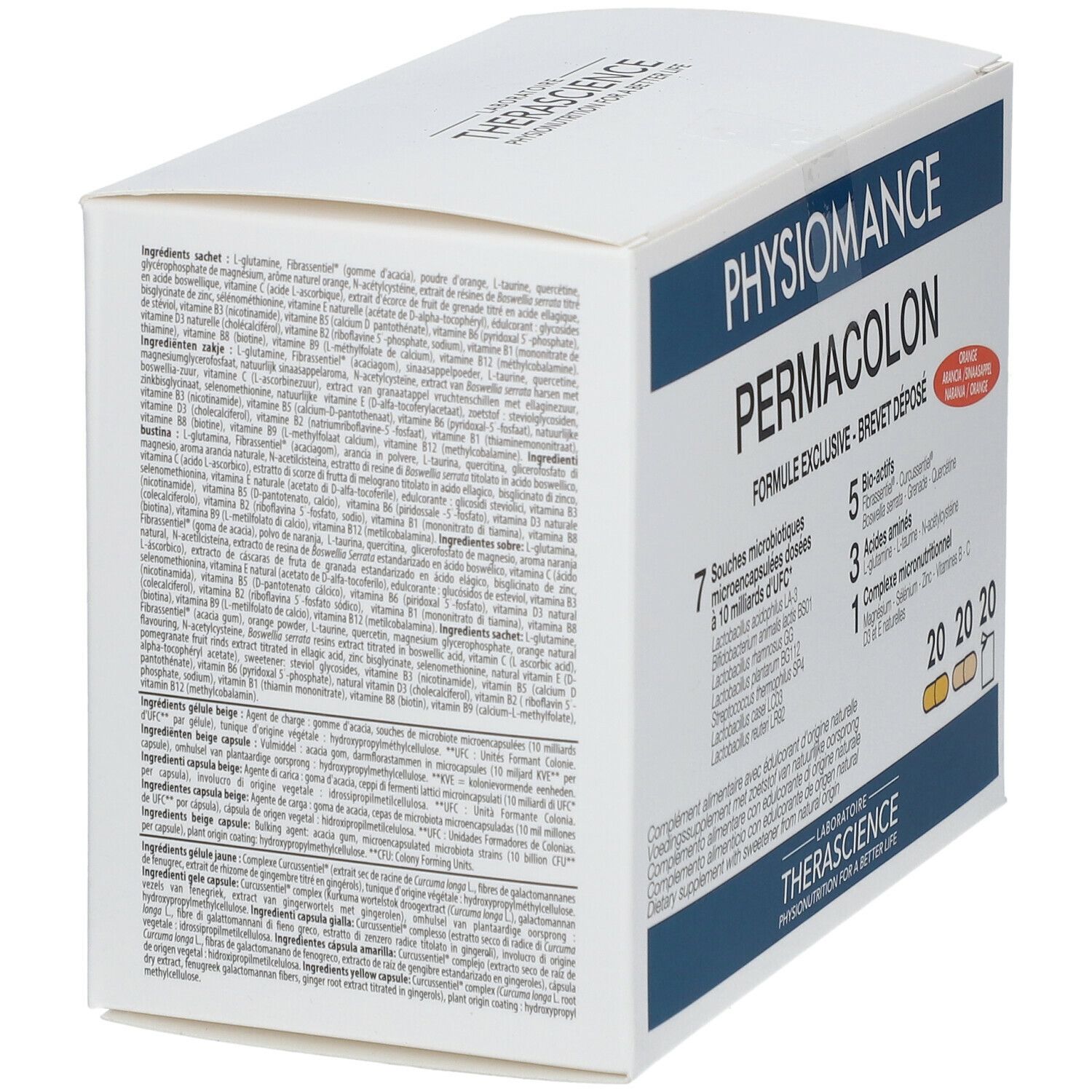 Witte doos met tekst. Bevat ingrediënten en voedingswaarde-informatie. PHYSIOMANCE PERMACOLON zichtbaar op de zijkant.