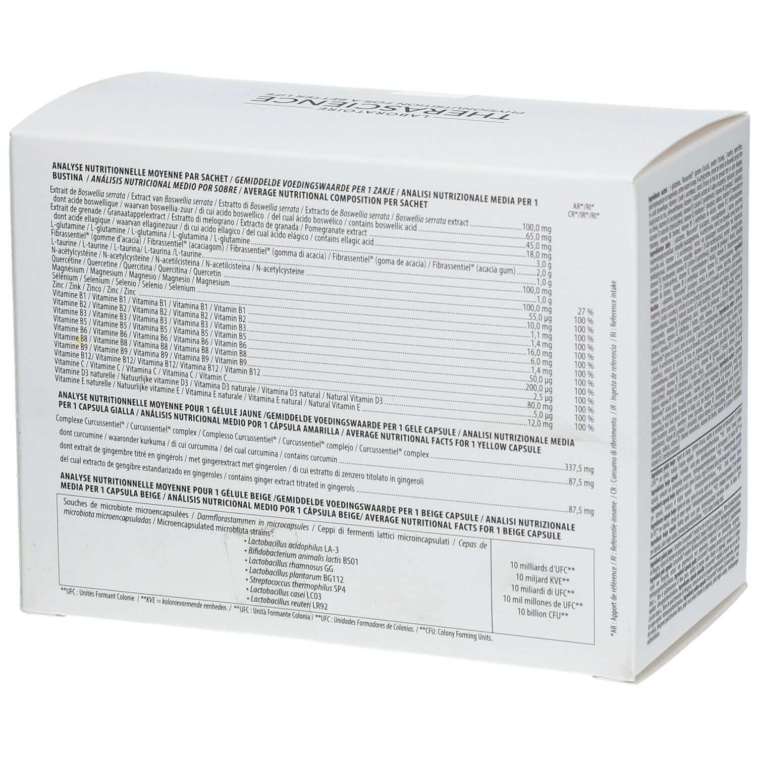 Achterkant van de witte doos met voedingsanalyse. Bevat informatie over ingrediënten en voedingswaarden per portie.