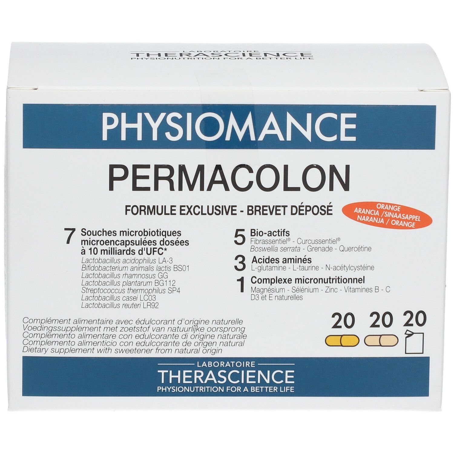 Witte doos met opschrift PHYSIOMANCE PERMACOLON. Bevat 7 bacteriestammen, 5 bio-actieve stoffen, 3 aminozuren en 1 micronutriëntencomplex.