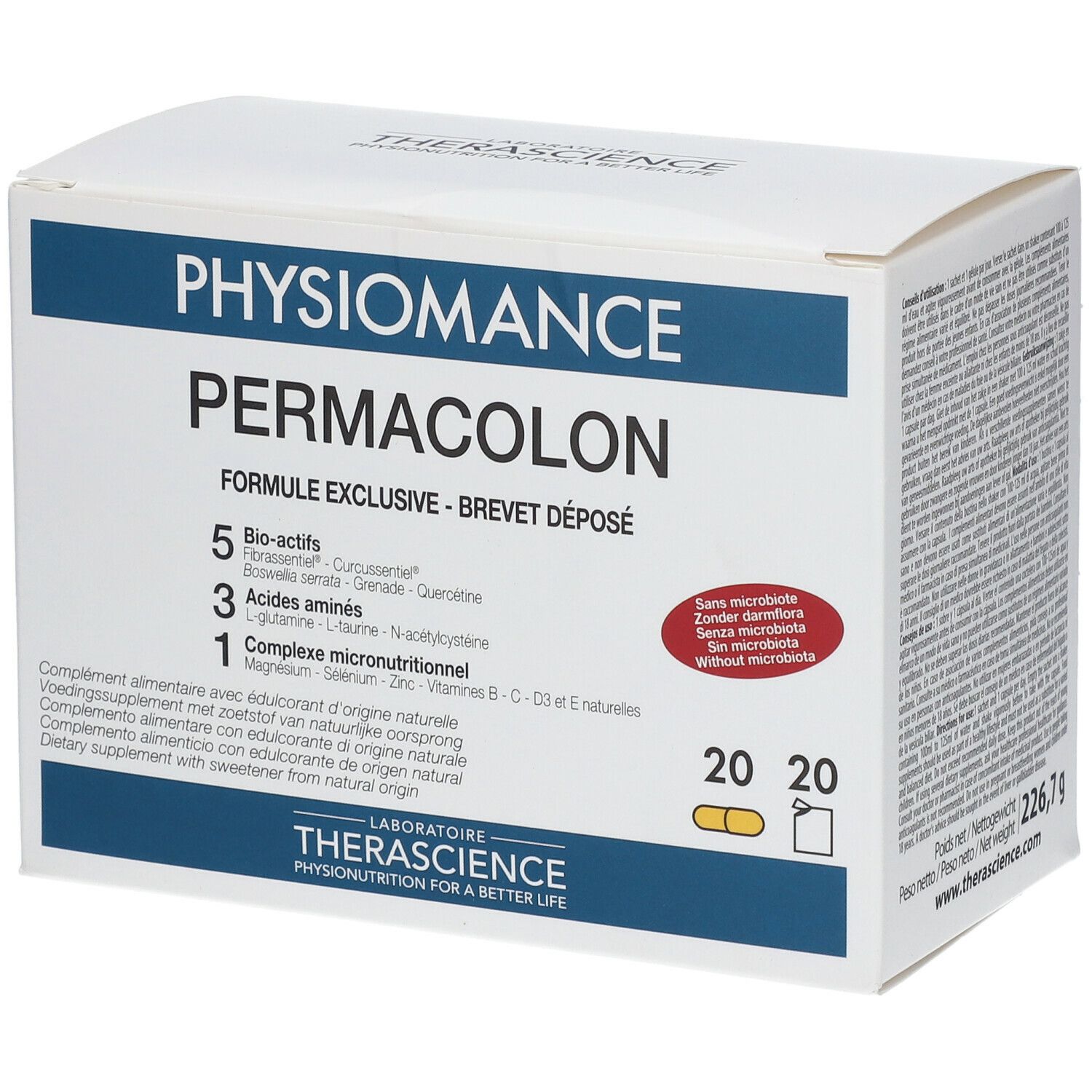 Witte doos met PHYSIOMANCE PERMACOLON. Bevat 20 capsules en 20 zakjes. Ingrediënten en logo zichtbaar.