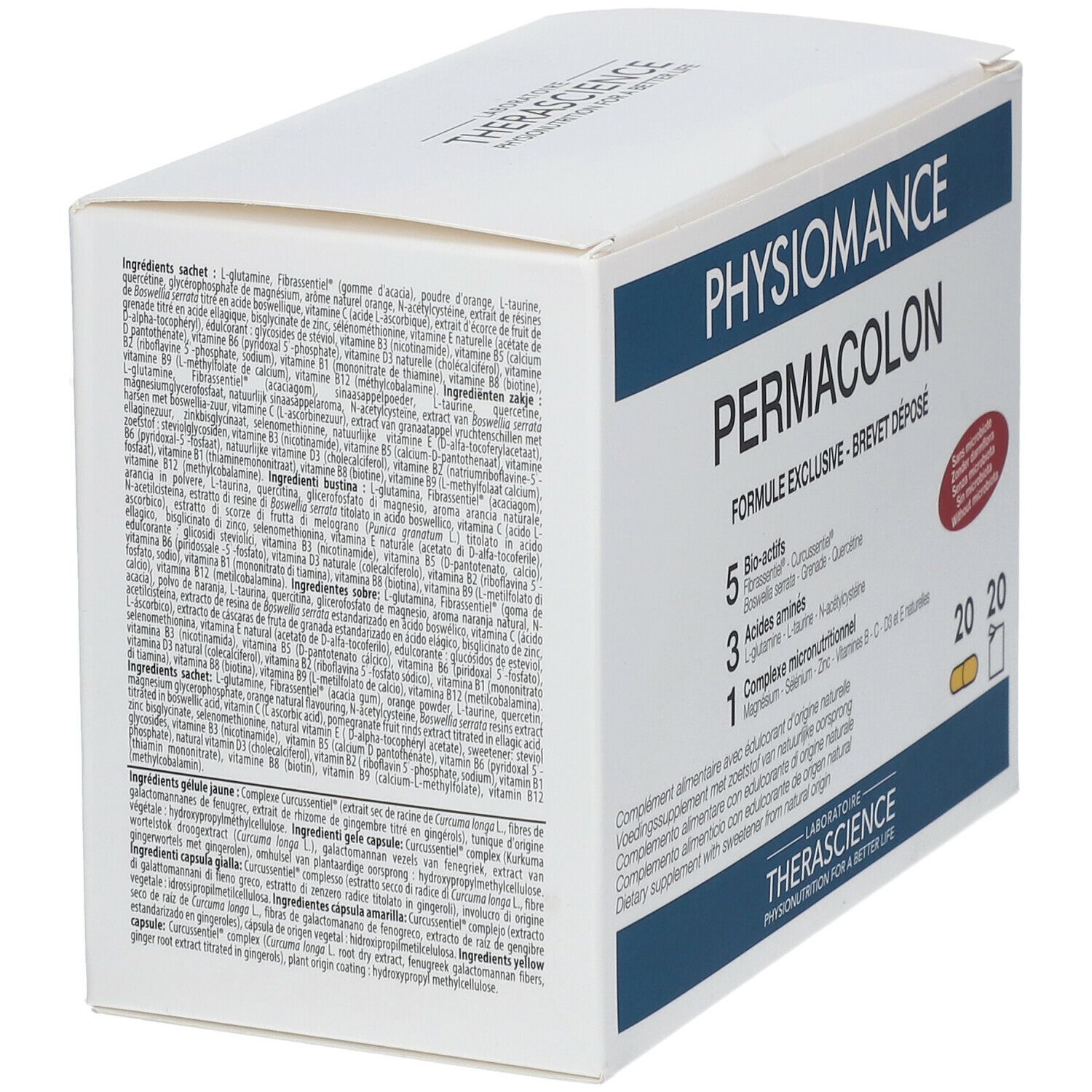 Witte doos PHYSIOMANCE PERMACOLON. Achterkant met ingrediënten en voedingswaarde. THÉRASCIENCE logo.
