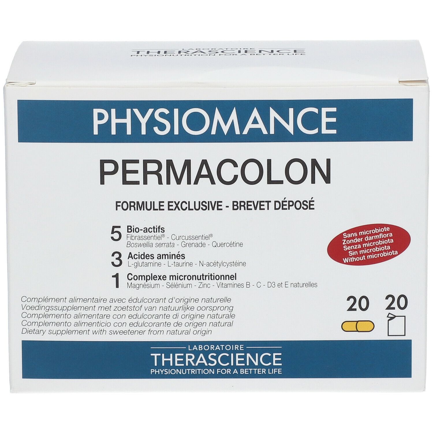 Witte doos met PHYSIOMANCE PERMACOLON. Bevat 20 capsules en 20 zakjes. Ingrediënten en logo zichtbaar.