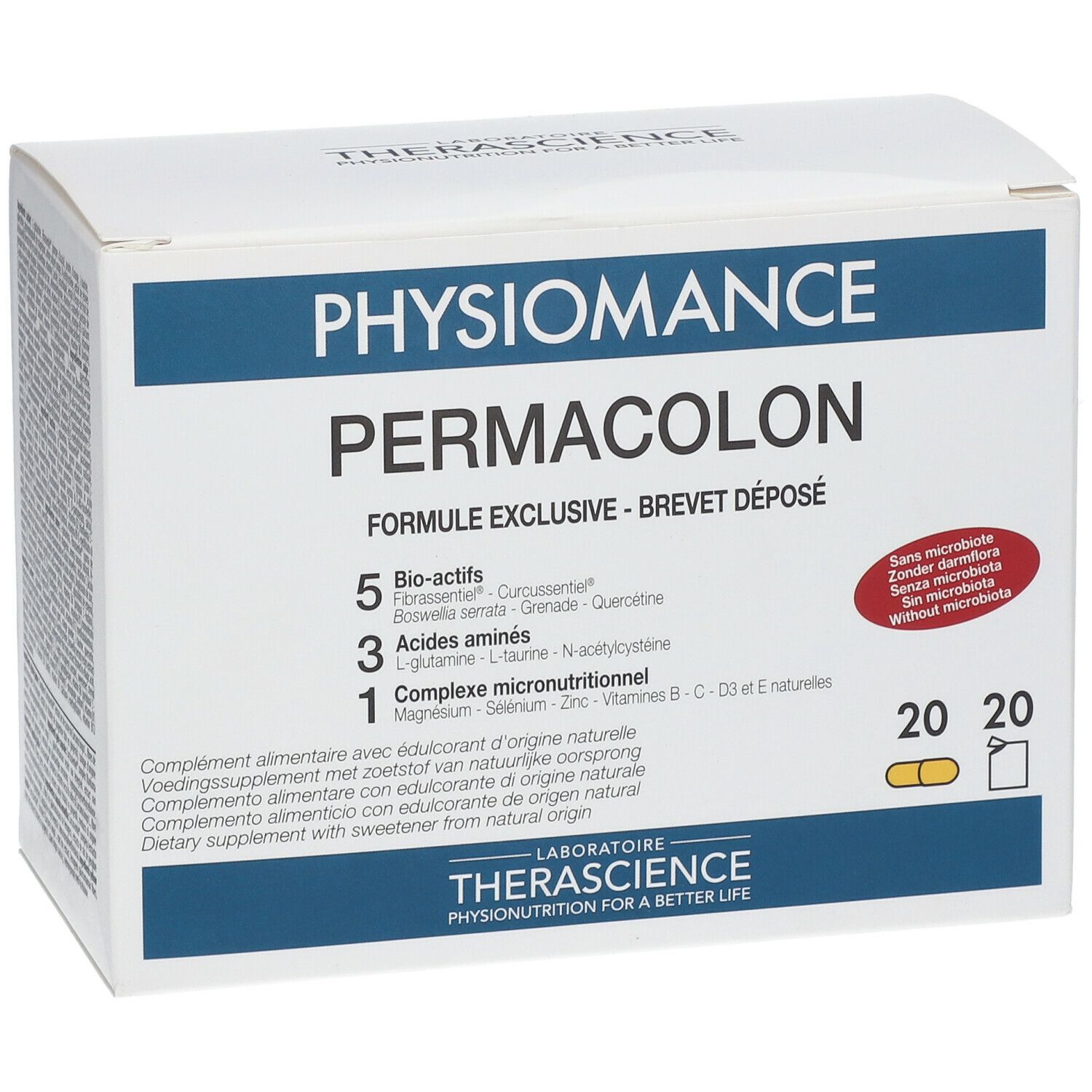 Witte doos met PHYSIOMANCE PERMACOLON. Bevat 20 capsules en 20 zakjes. Ingrediënten en logo zichtbaar.