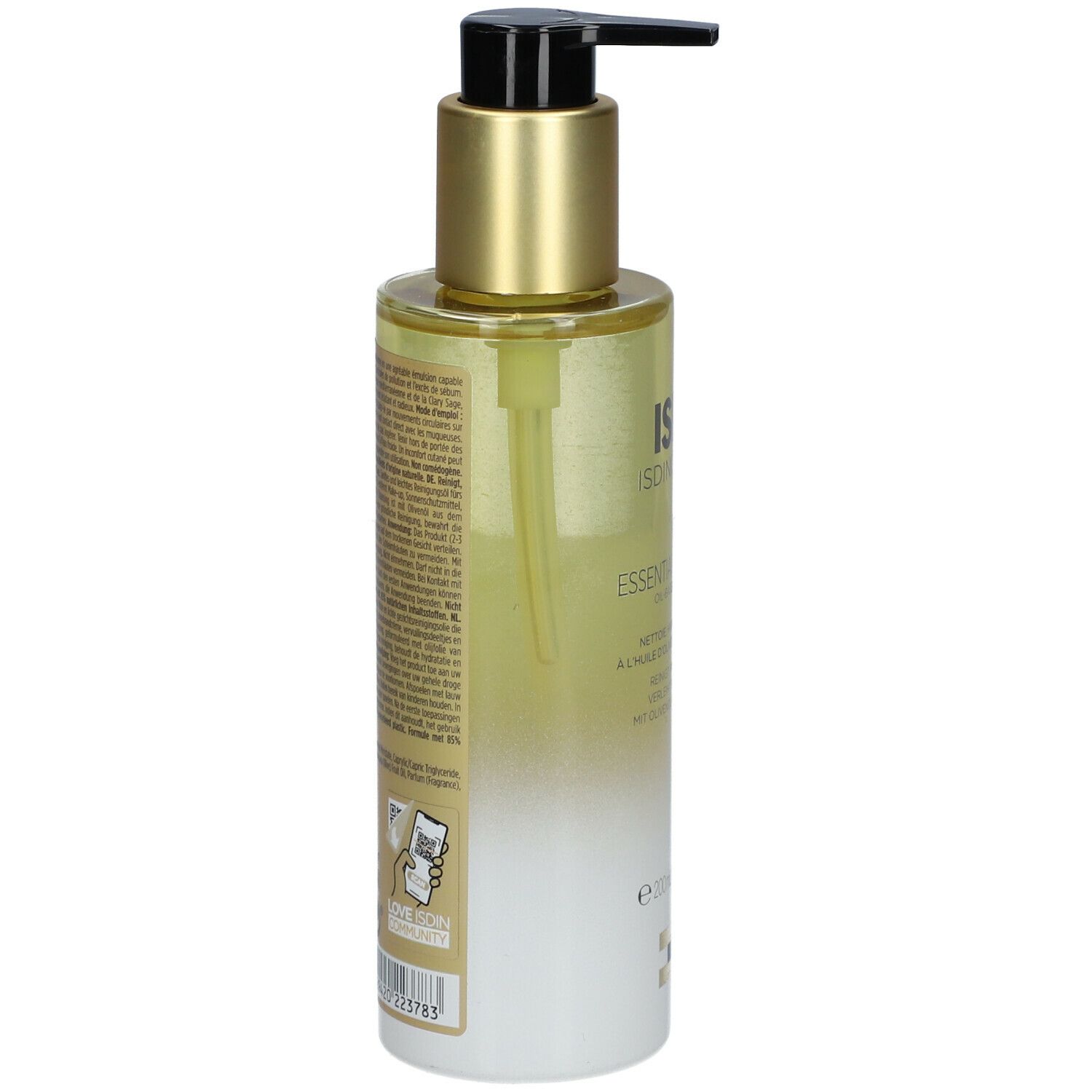 Fles met vloeibare reiniger en pomp. Opschrift: ISDIN, Isdinceutics, Essential Cleansing. Tekst op achterkant.