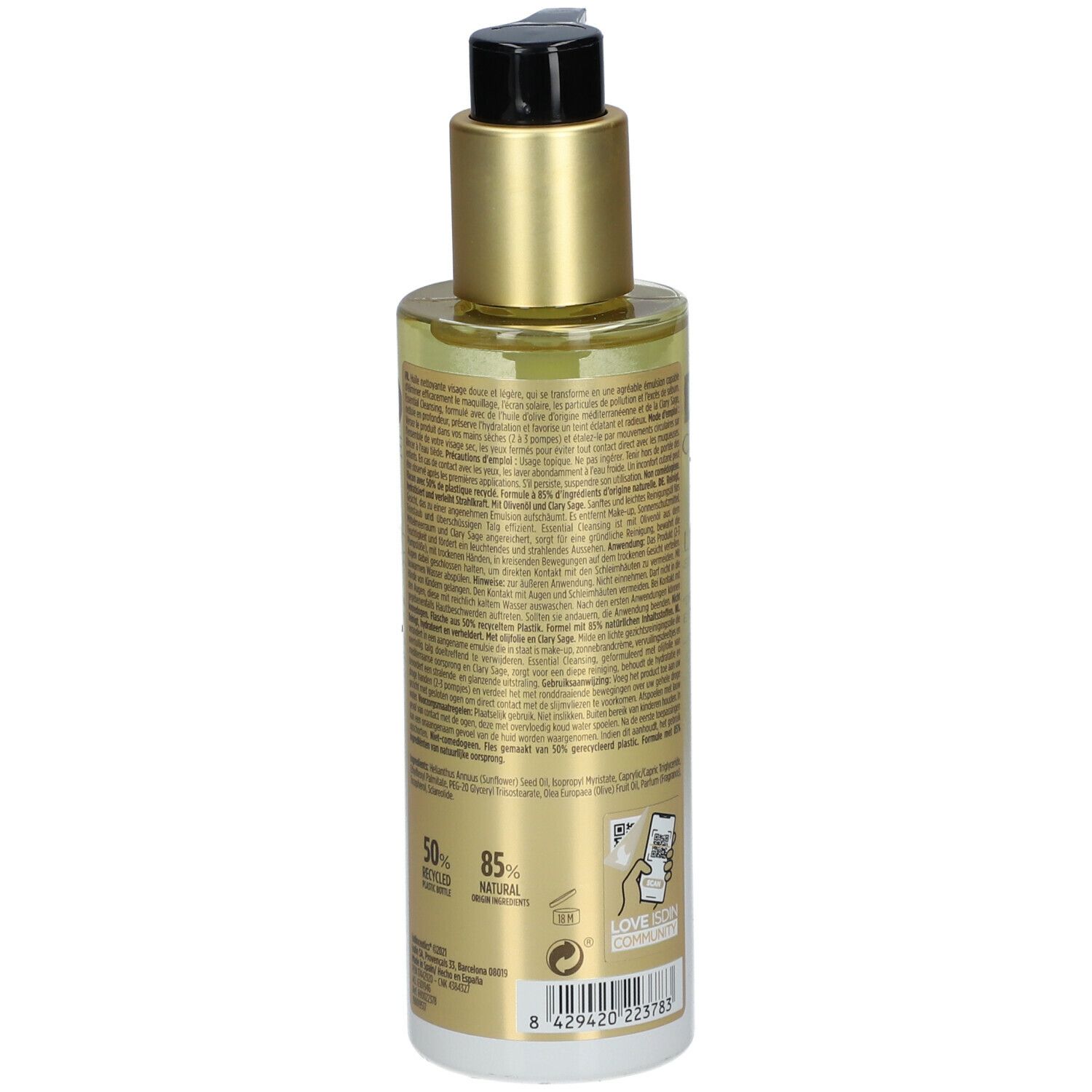 Achterkant van een fles met vloeibare reiniger. Tekst, logo's en barcode. Opschrift: ISDIN, Isdinceutics, Essential Cleansing.