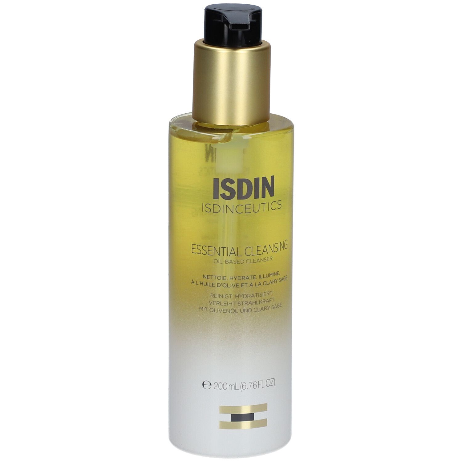 Vloeibare reiniger in een fles met pomp. Opschrift: ISDIN, Isdinceutics, Essential Cleansing. 200ml.