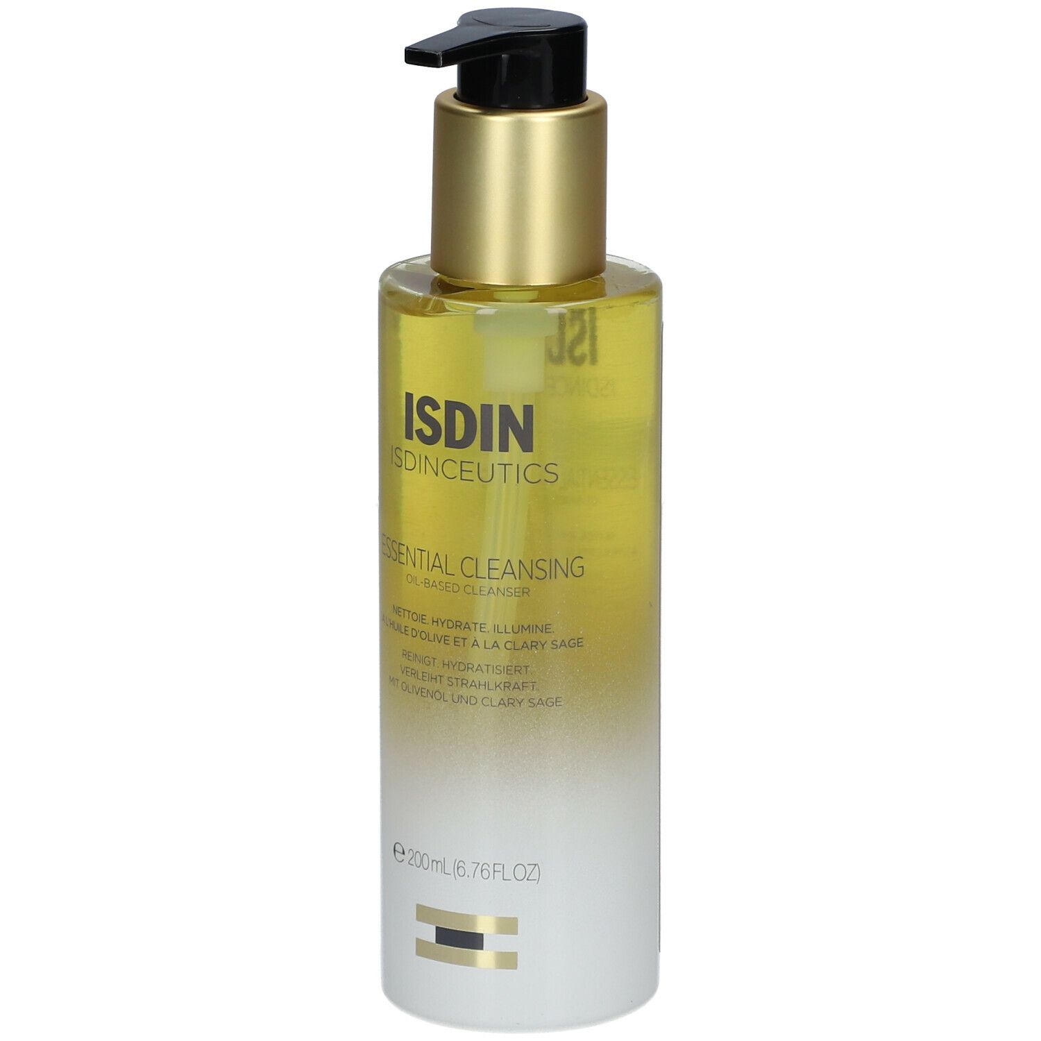 Vloeibare reiniger in een fles met pomp. Opschrift: ISDIN, Isdinceutics, Essential Cleansing. 200ml.
