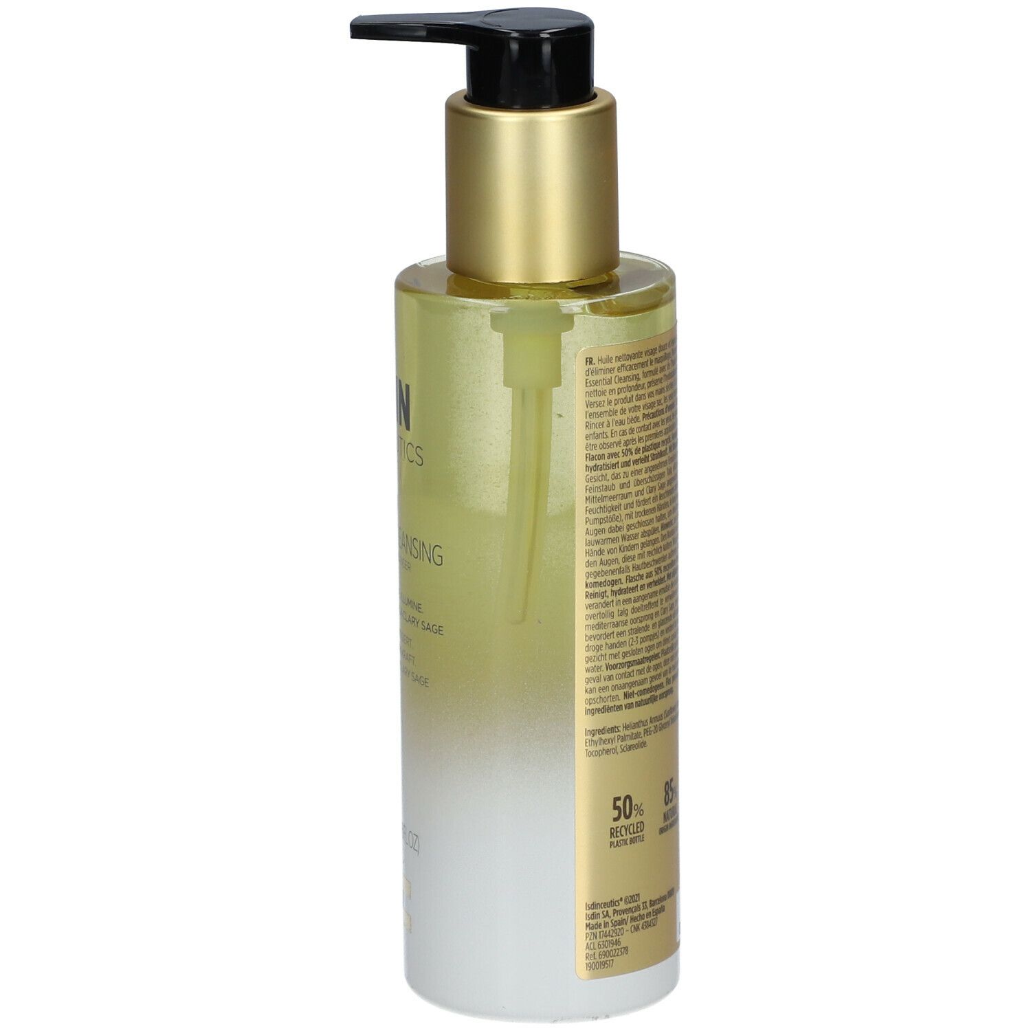 Fles met vloeibare reiniger en pomp. Opschrift: ISDIN, Isdinceutics, Essential Cleansing. Tekst op achterkant.