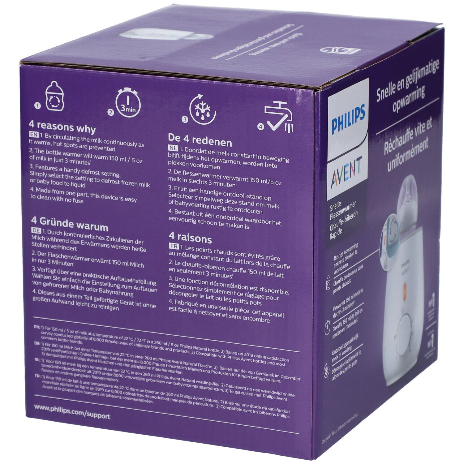 Achterkant van de verpakking van de Philips Avent flessenwarmer. Meertalige tekst. Productafbeelding met fles.