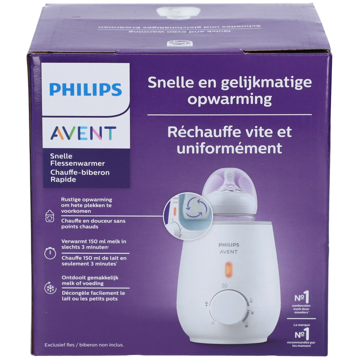 Verpakking van de Philips Avent flessenwarmer. Opschrift: Snel en gelijkmatig opwarmen. Productafbeelding met fles.