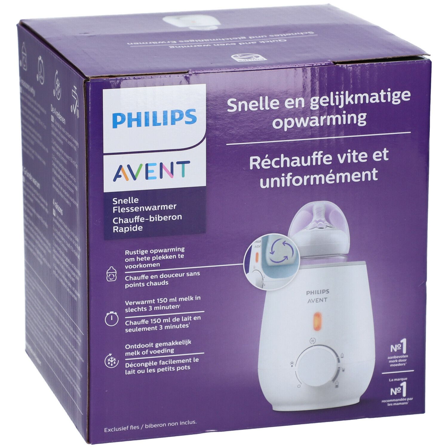Verpakking van de Philips Avent flessenwarmer. Opschrift: Snel en gelijkmatig opwarmen. Productafbeelding met fles.